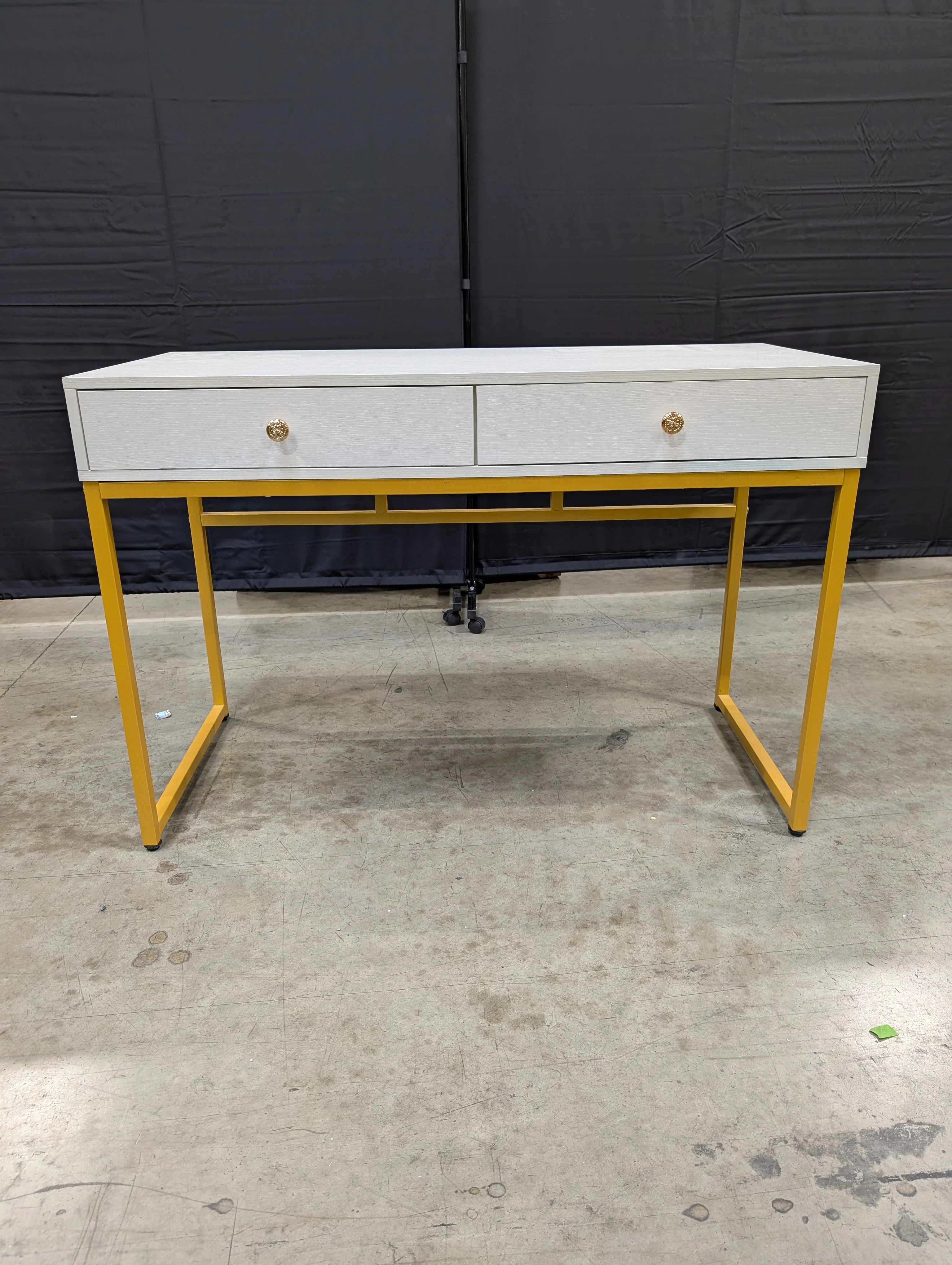 Modern Grey Wood Grain Desk with Gold Tone Metal Frame - Image 2