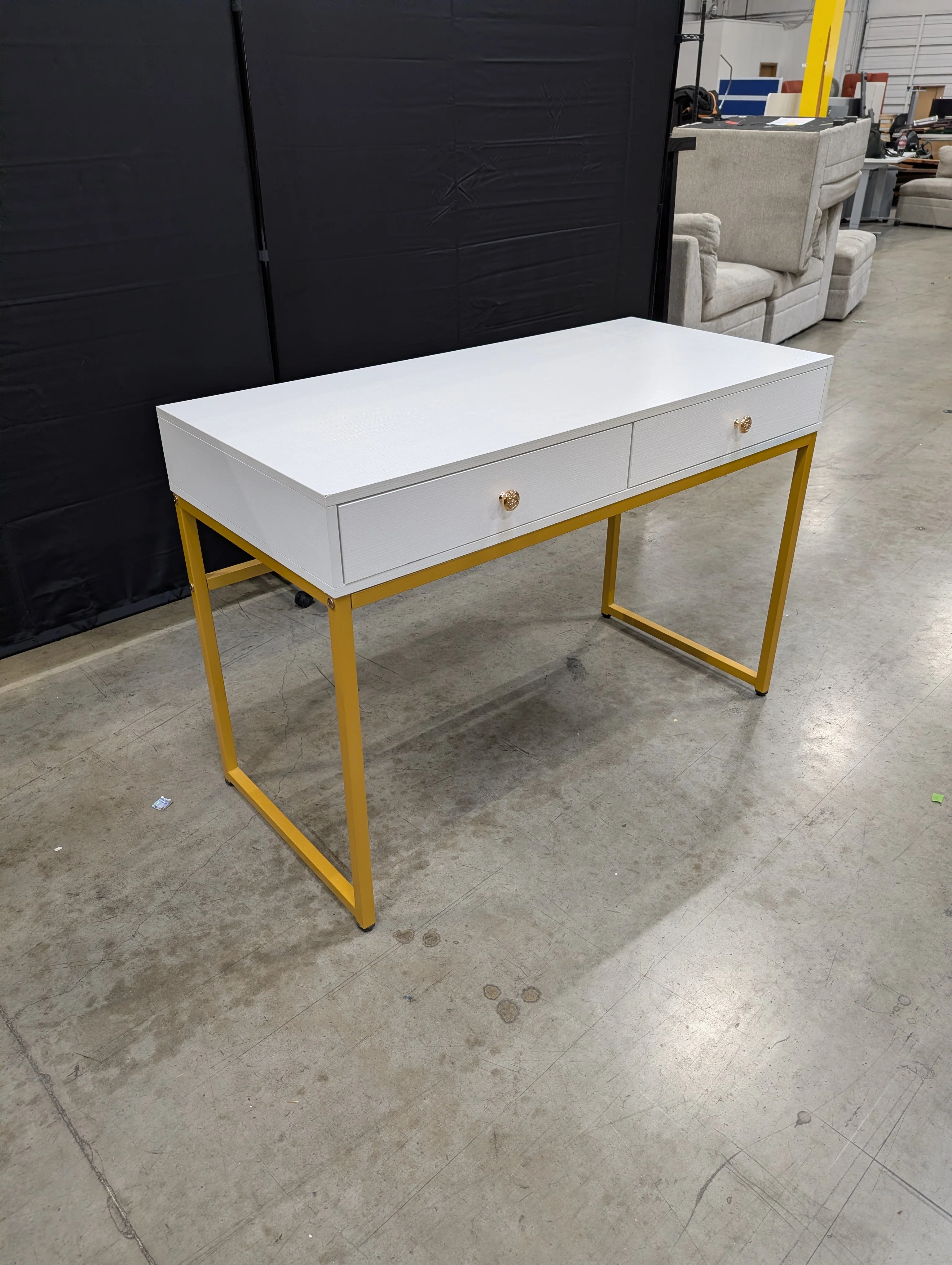 Modern Grey Wood Grain Desk with Gold Tone Metal Frame - Image 3