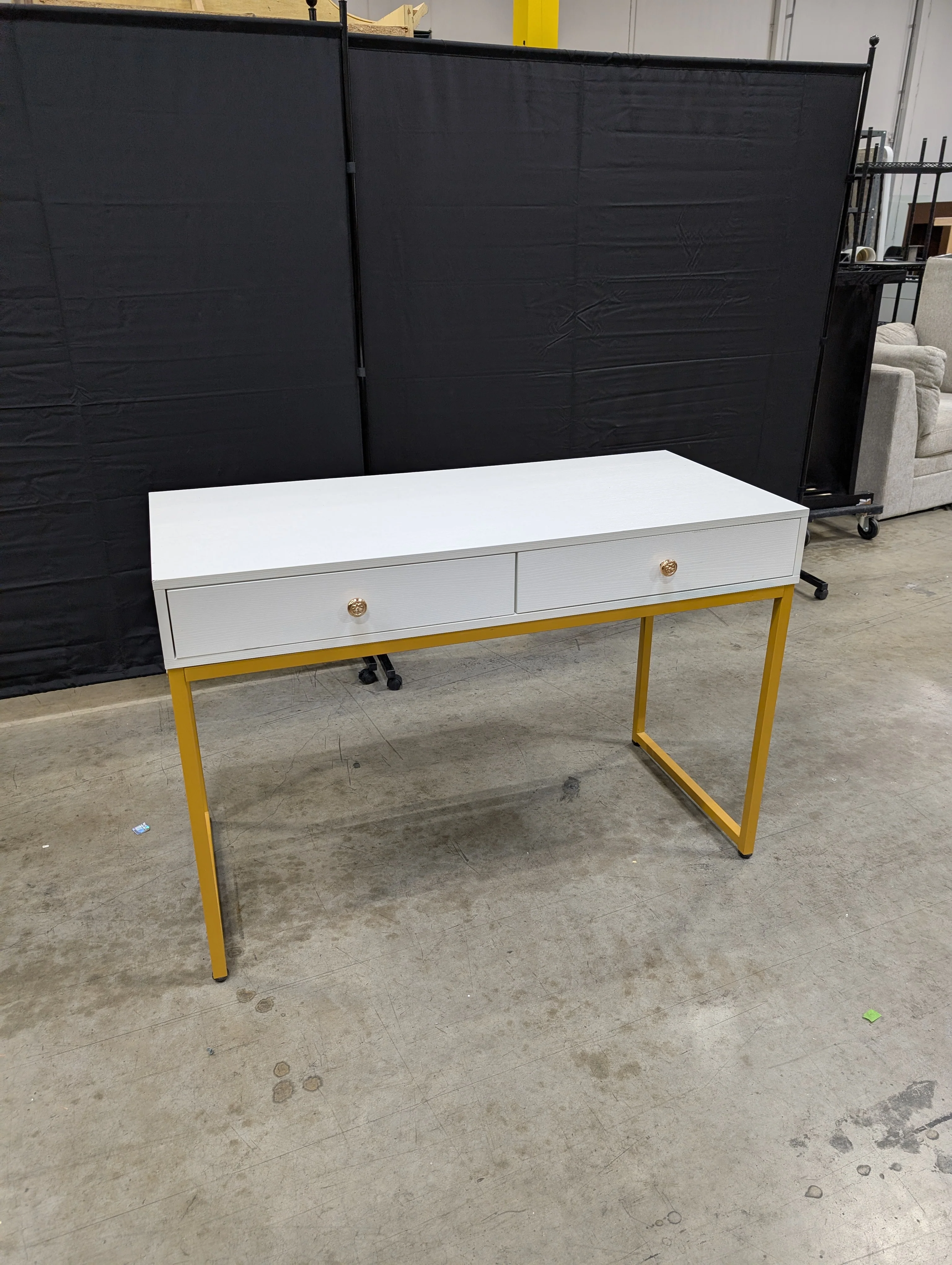 Modern Grey Wood Grain Desk with Gold Tone Metal Frame - Image 4