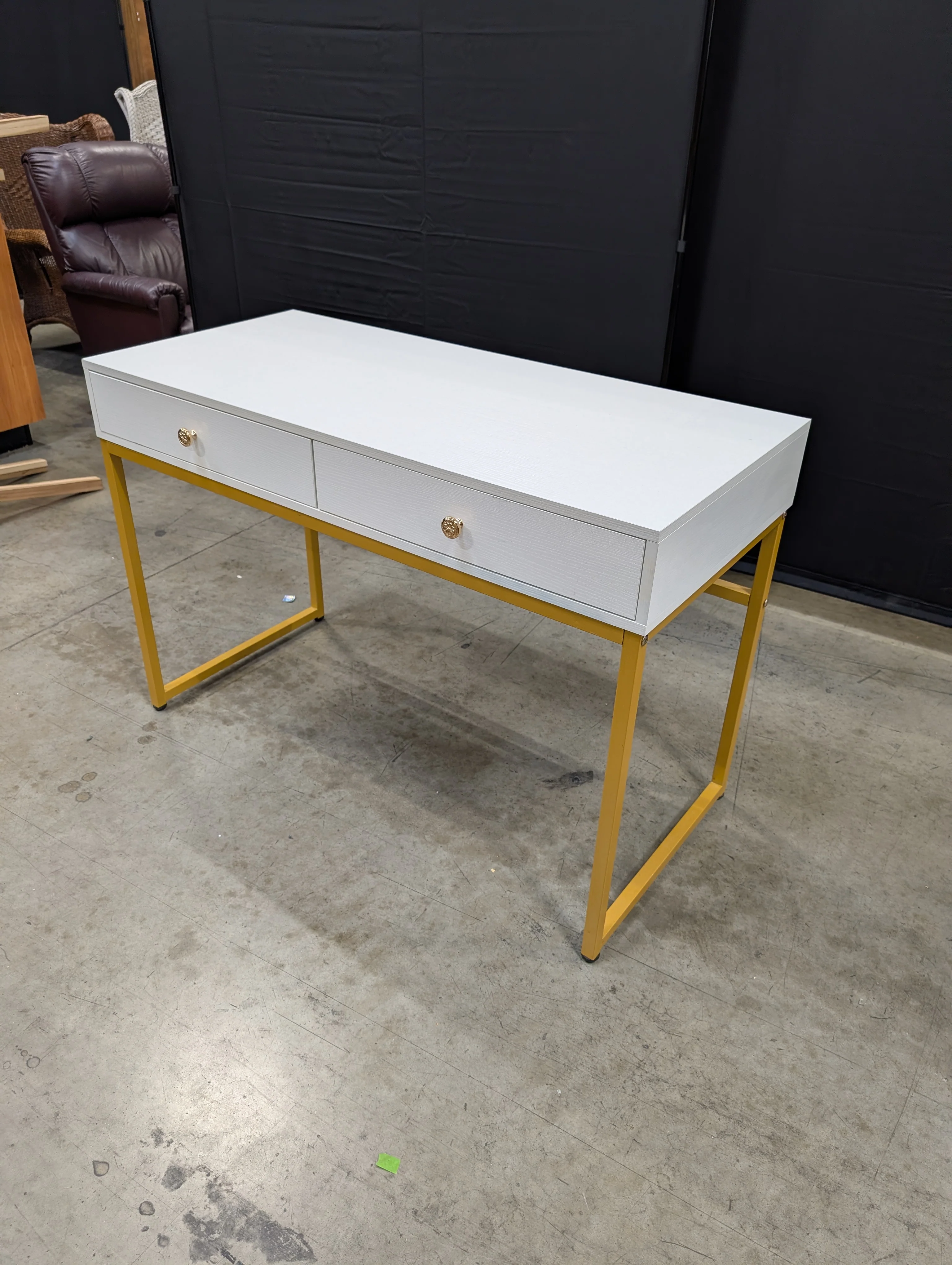 Modern Grey Wood Grain Desk with Gold Tone Metal Frame - Image 5