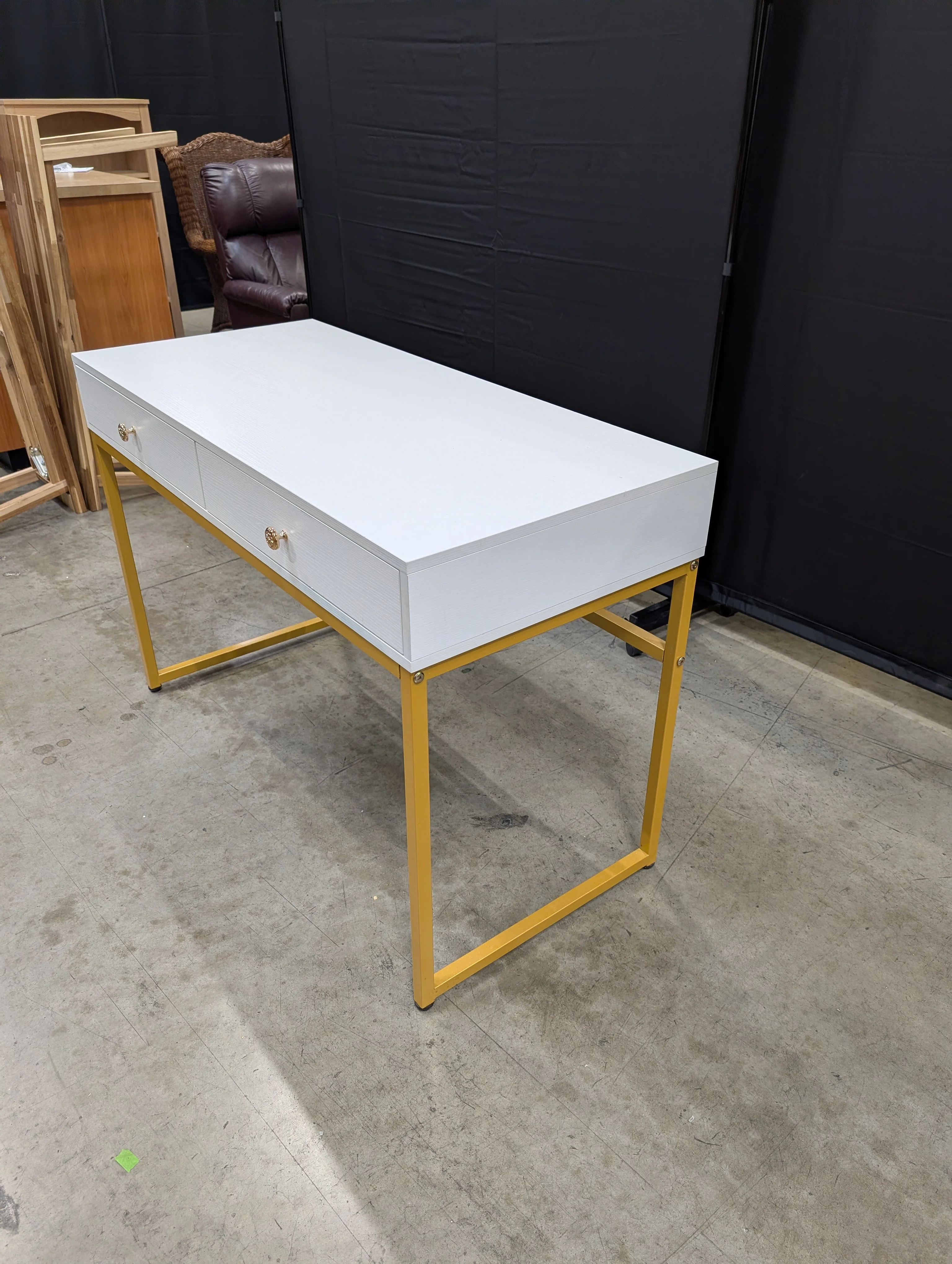 Modern Grey Wood Grain Desk with Gold Tone Metal Frame - Image 6