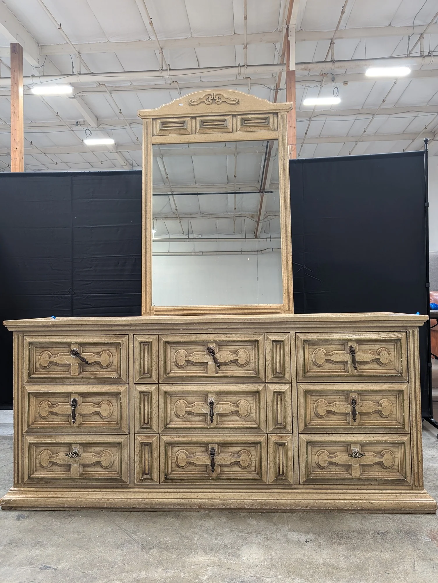 Vintage French Provincial Style 9-Drawer Dresser with Vanity Mirror
