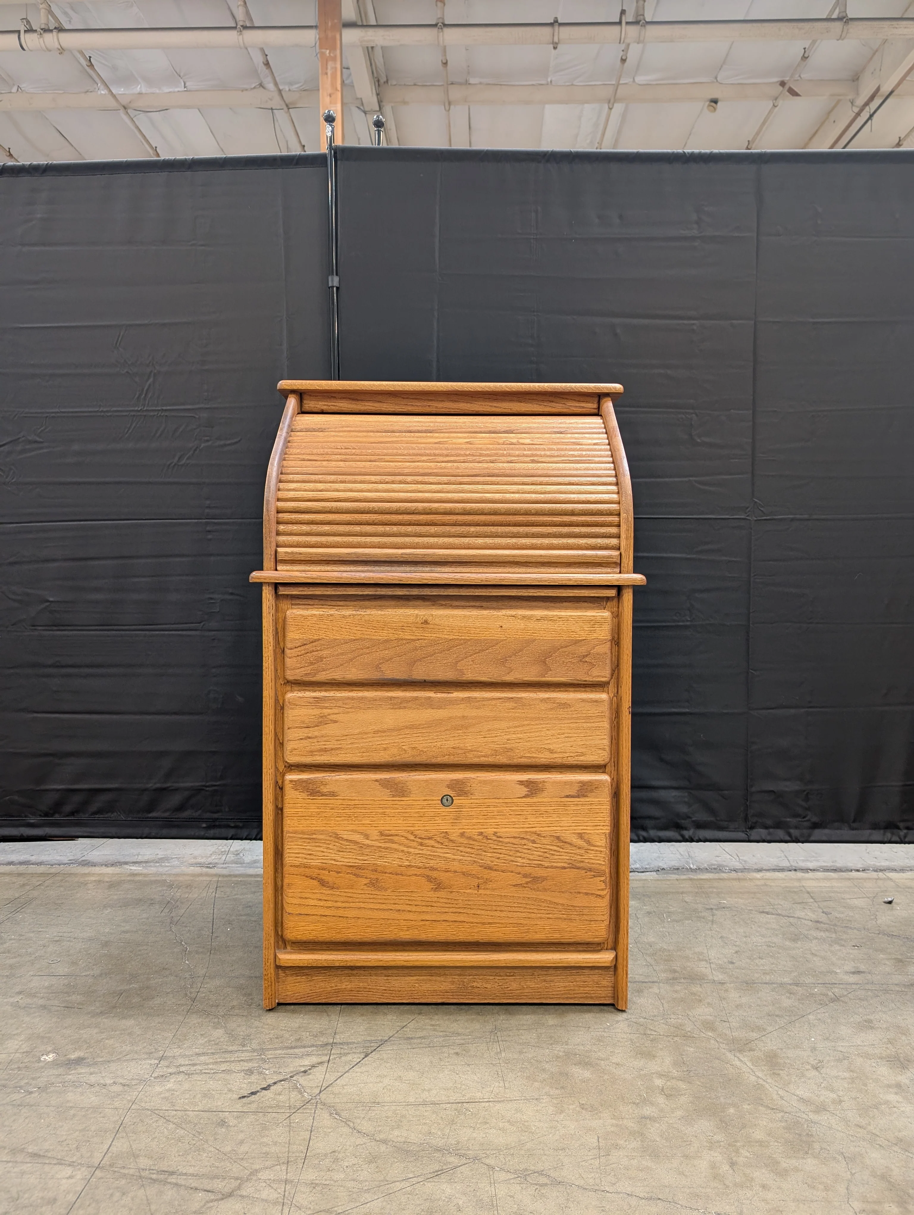 Solid Oak Roll Top Secretary Desk with Storage Drawers - Image 3