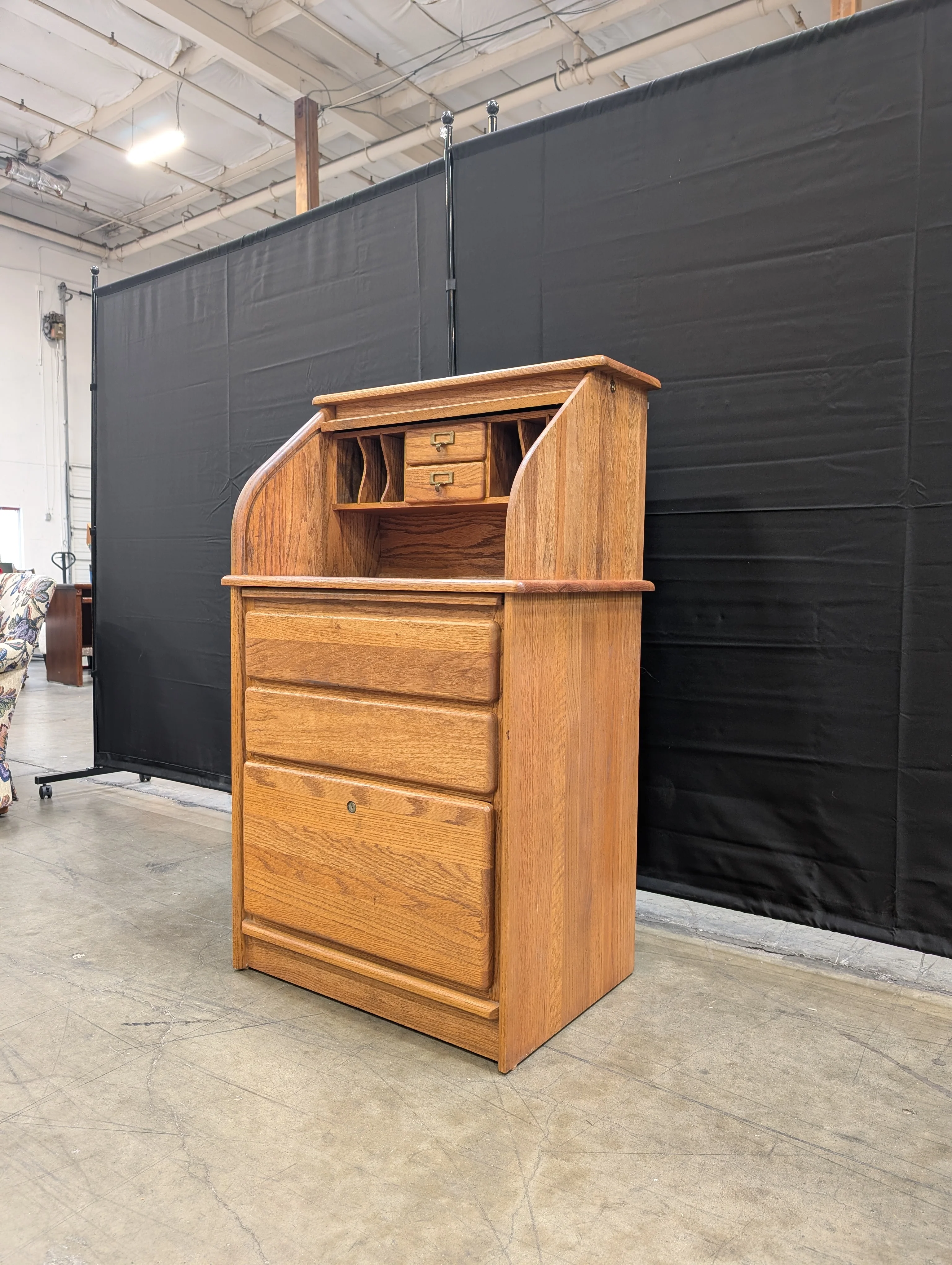 Solid Oak Roll Top Secretary Desk with Storage Drawers - Image 4