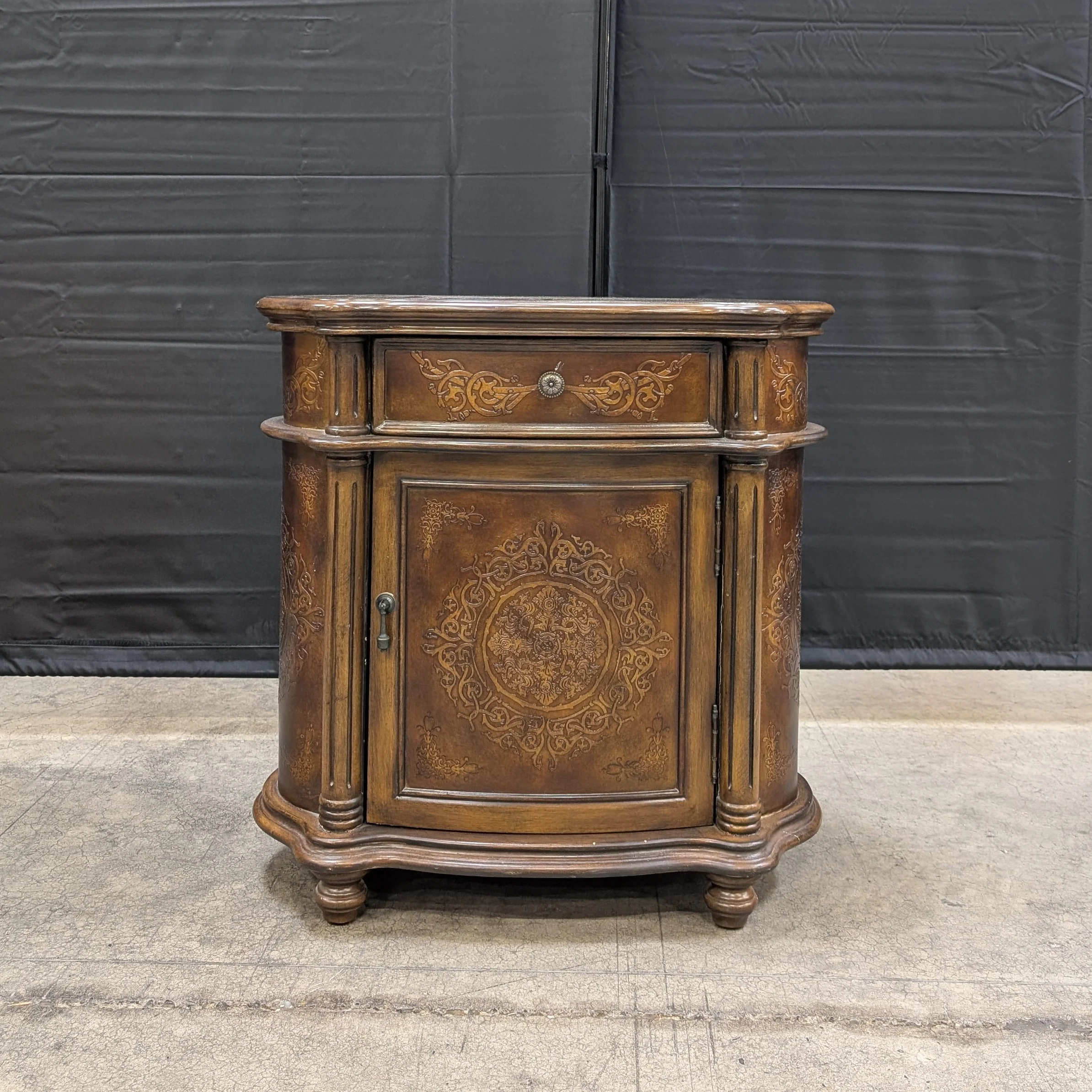 Ornate Dark Wood Accent Cabinet with Drawer