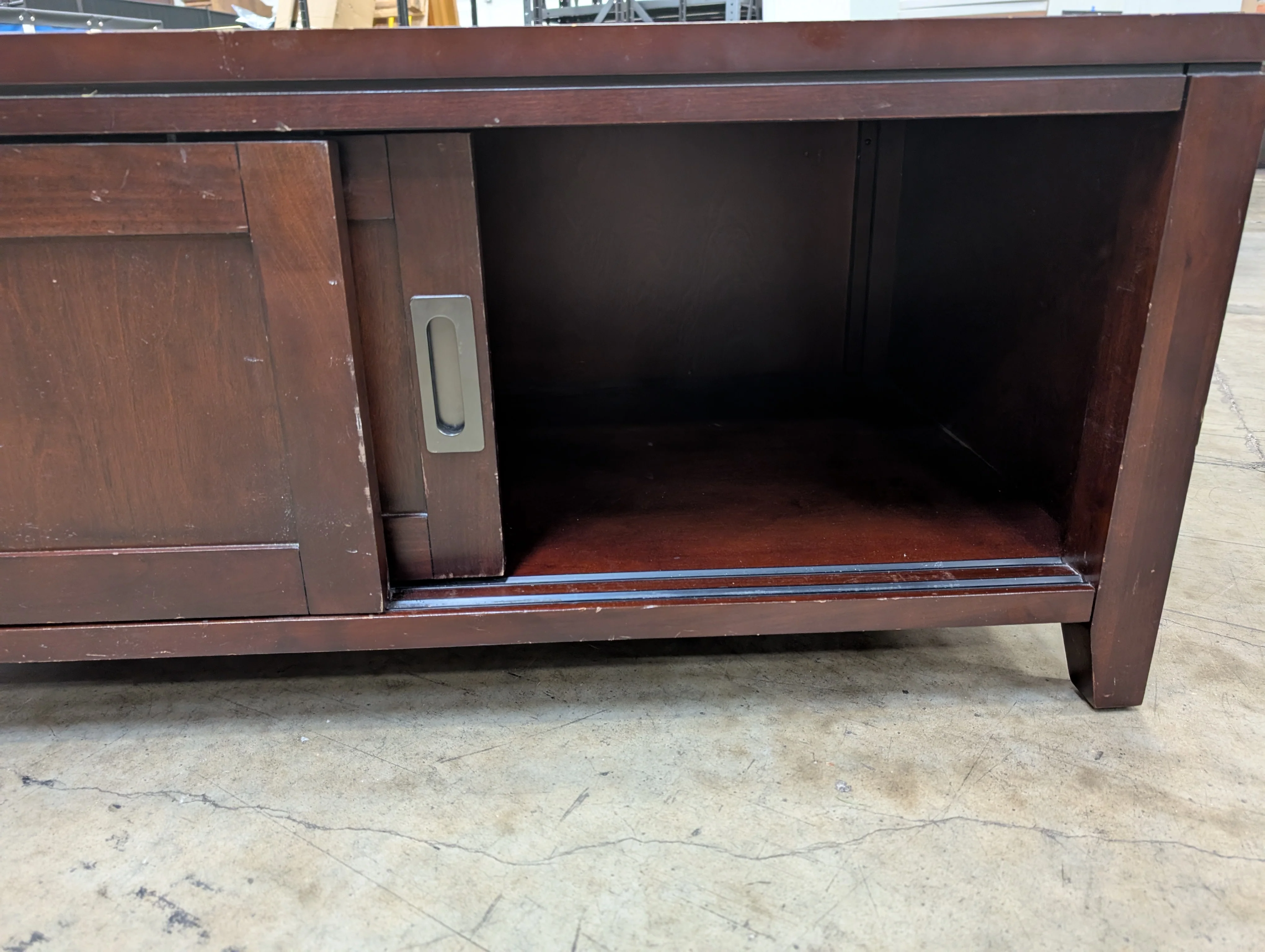 Contemporary Dark Wood Media Console with Sliding Doors - Image 2