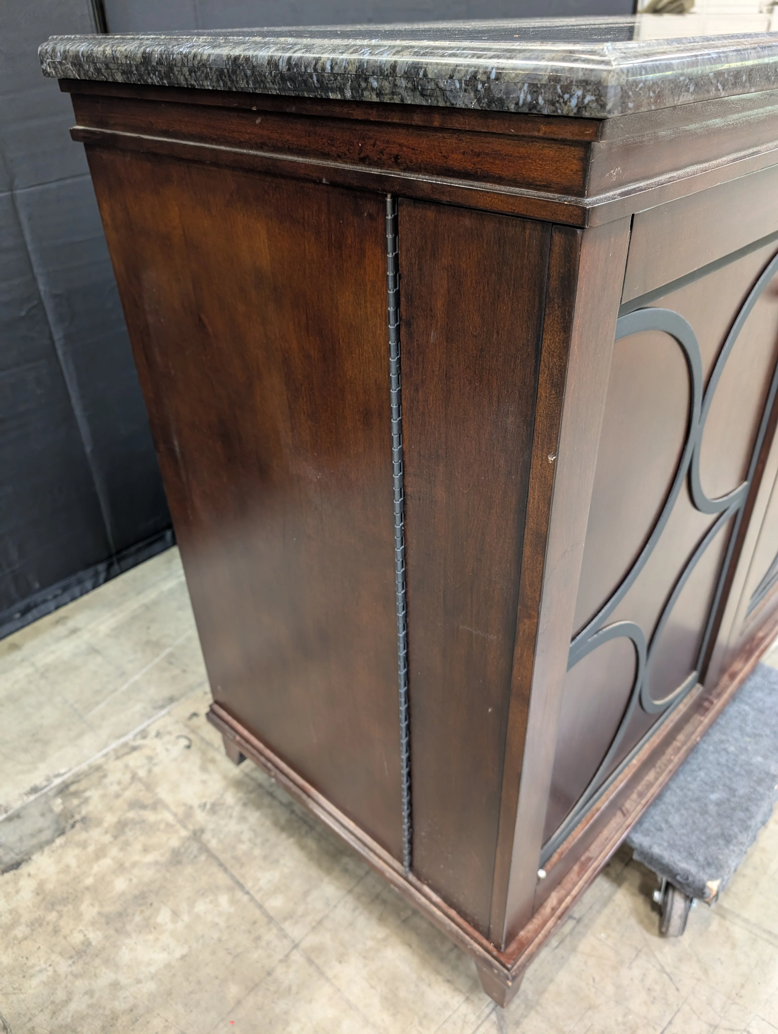 Dark Wood Storage Cabinet with Granite Top and Decorative Doors - Image 10