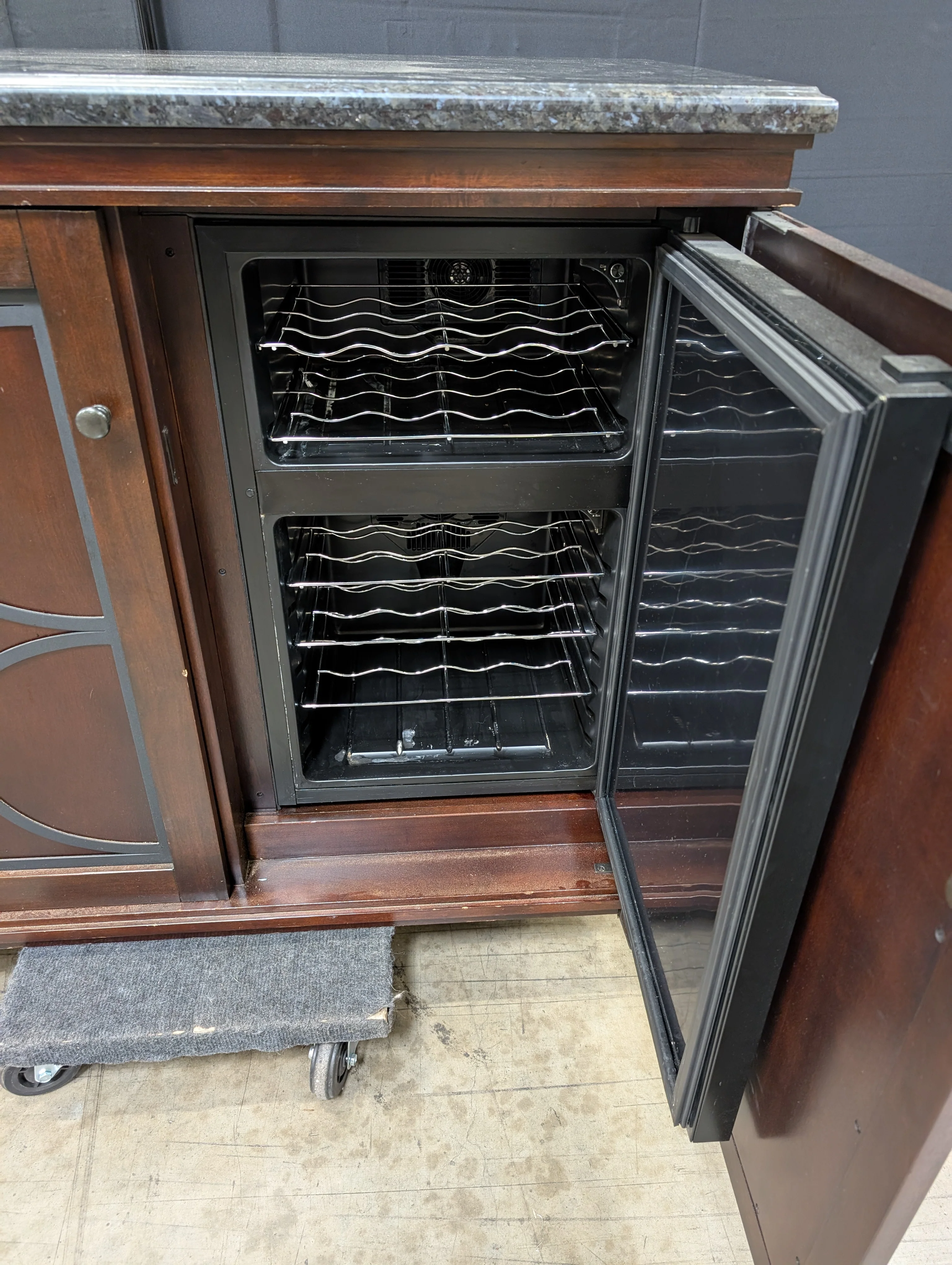 Dark Wood Storage Cabinet with Granite Top and Decorative Doors - Image 12