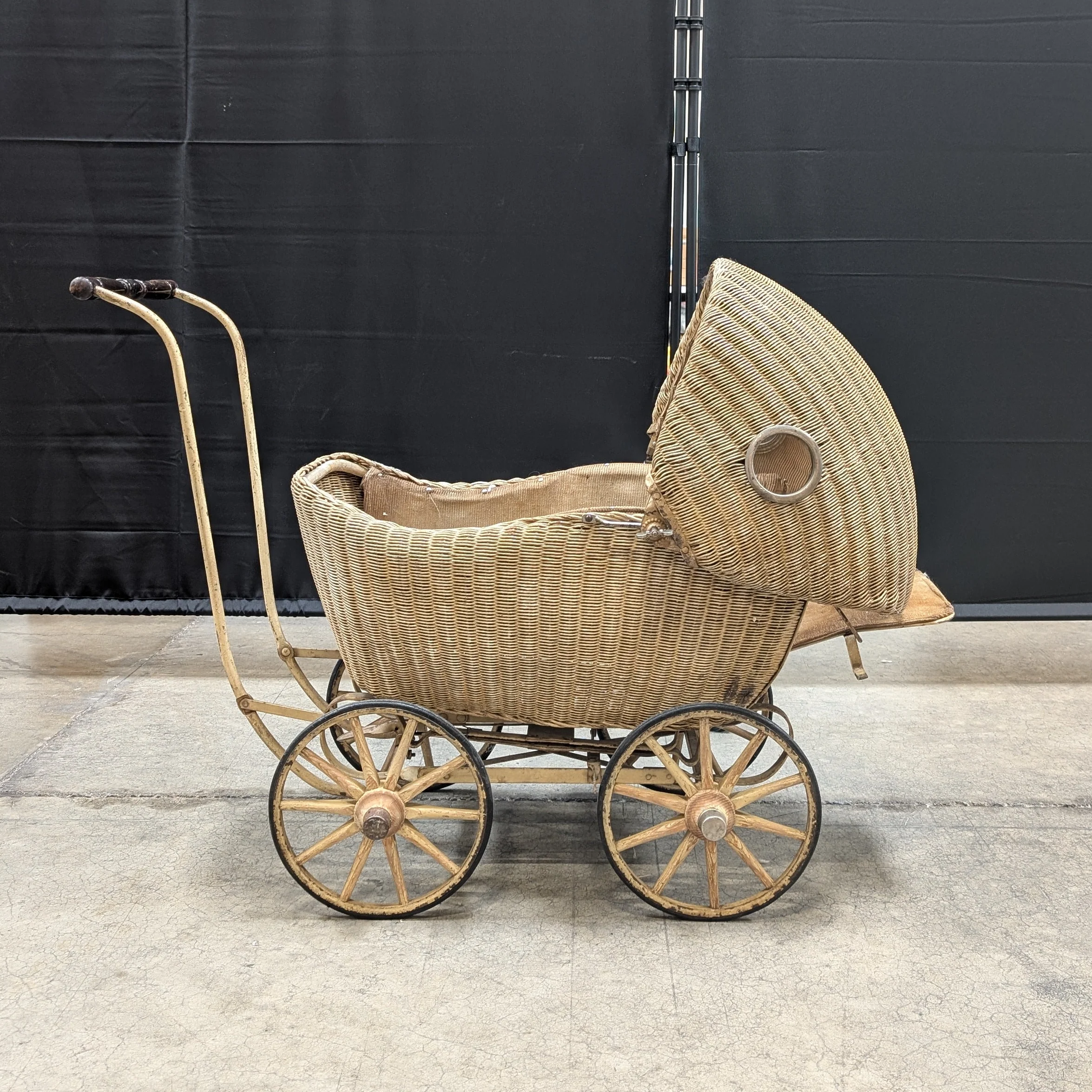 Vintage Lloyd Loom Baby Carriage with  Glass Porthole Window