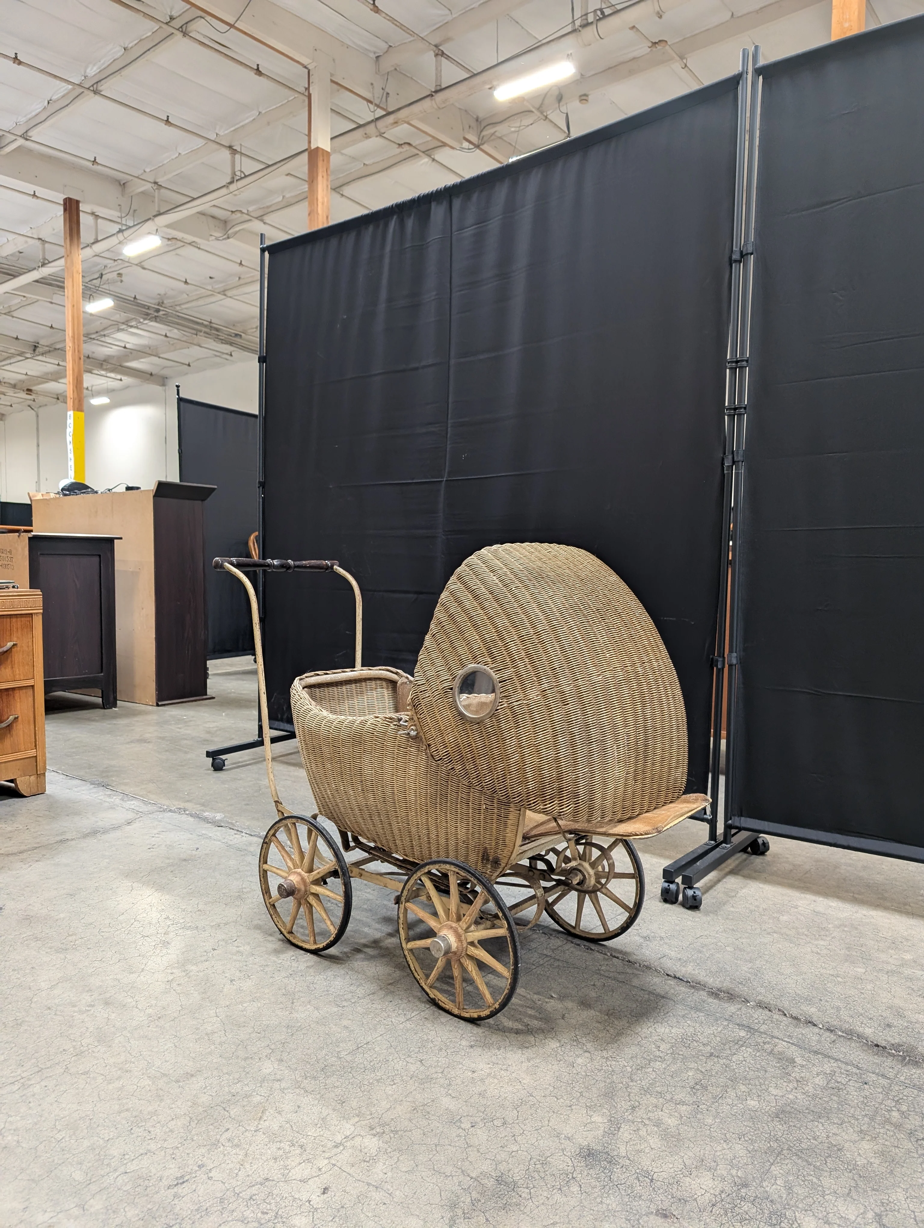 Vintage Lloyd Loom Baby Carriage with  Glass Porthole Window - Image 3