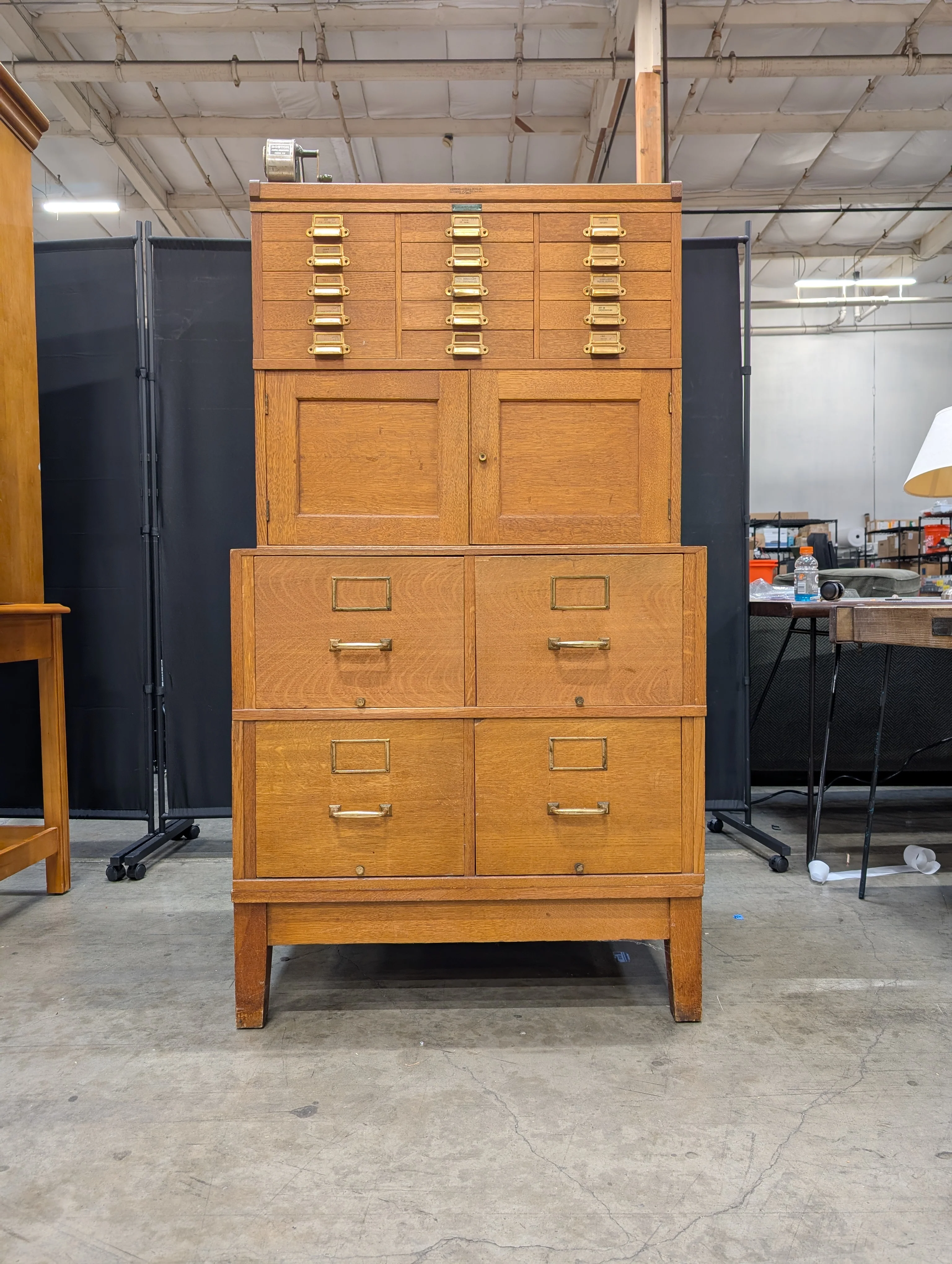 Vintage Yawman & Erbe Manufacturing Co. Oak Multi-Drawer Filing Cabinet with Brass Hardware