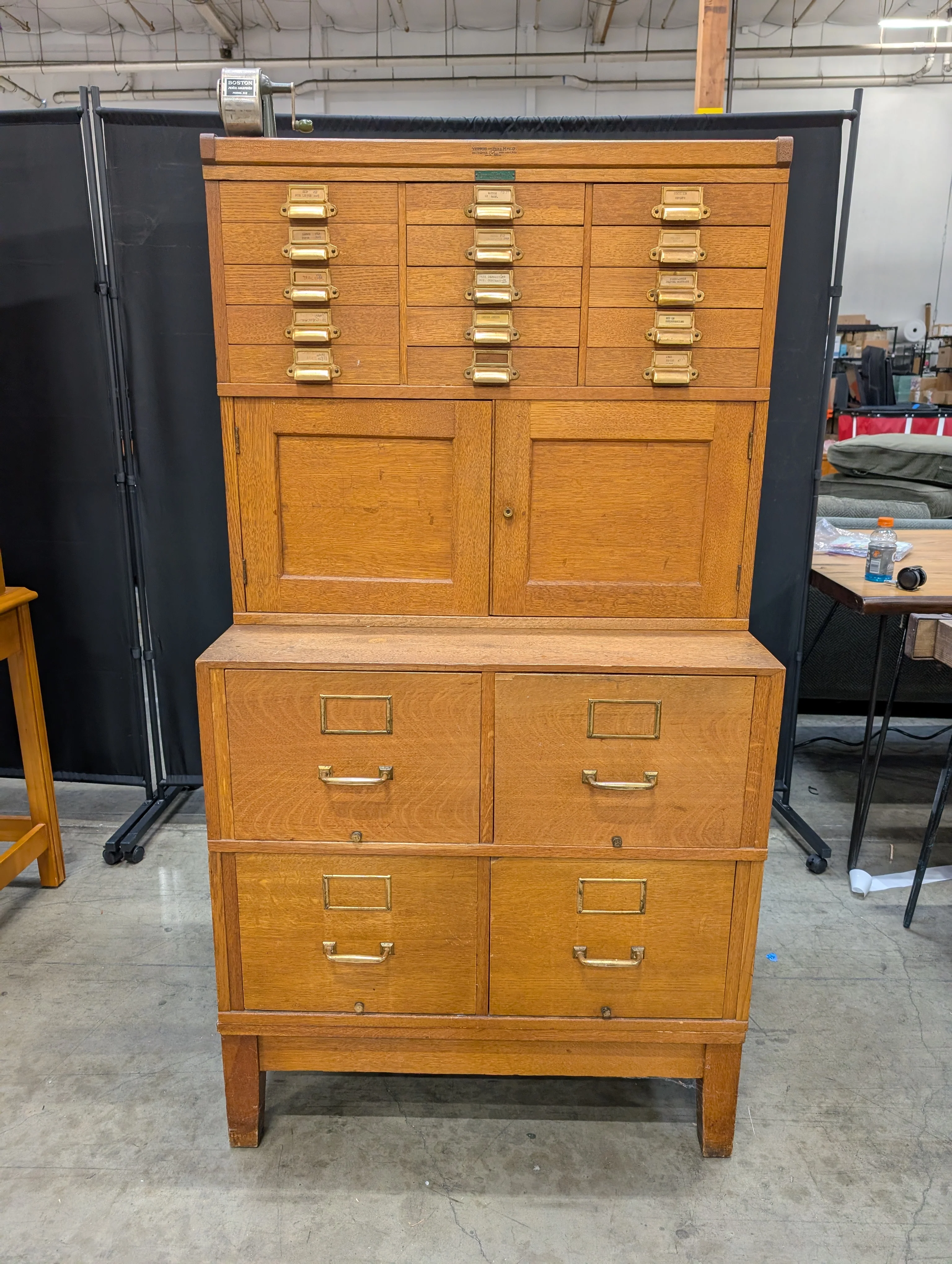 Vintage Yawman & Erbe Manufacturing Co. Oak Multi-Drawer Filing Cabinet with Brass Hardware - Image 10
