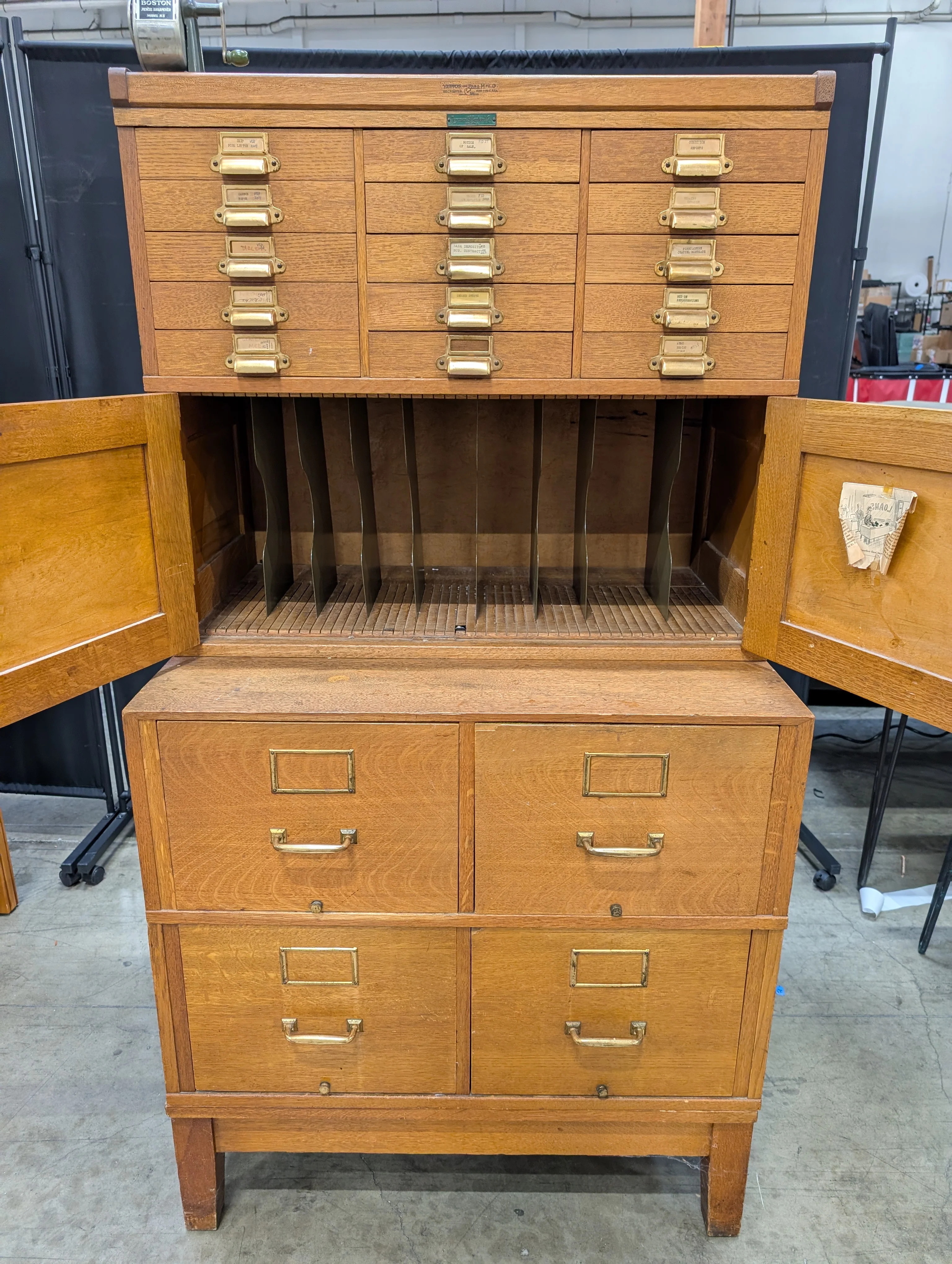 Vintage Yawman & Erbe Manufacturing Co. Oak Multi-Drawer Filing Cabinet with Brass Hardware - Image 11