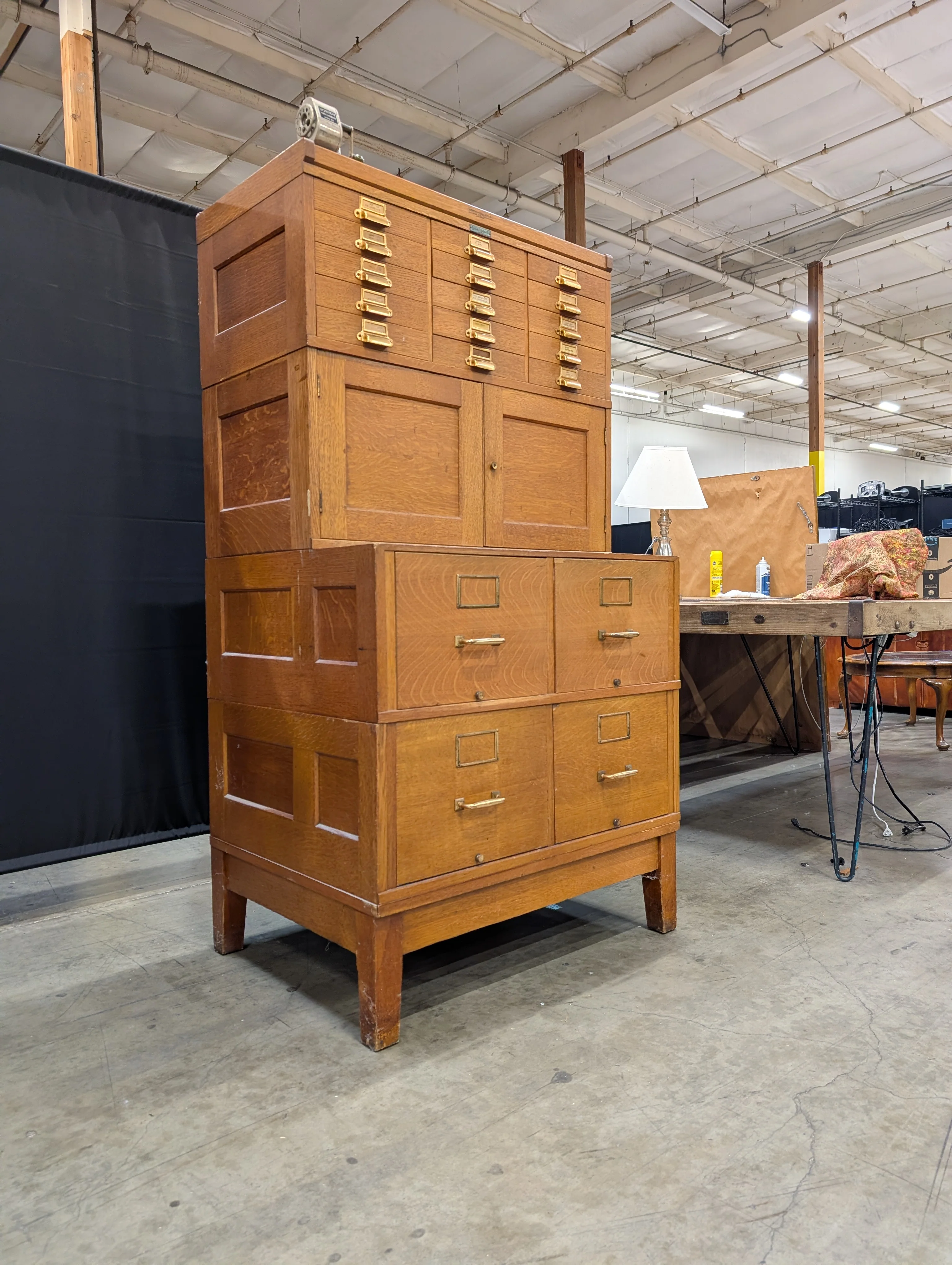 Vintage Yawman & Erbe Manufacturing Co. Oak Multi-Drawer Filing Cabinet with Brass Hardware - Image 2