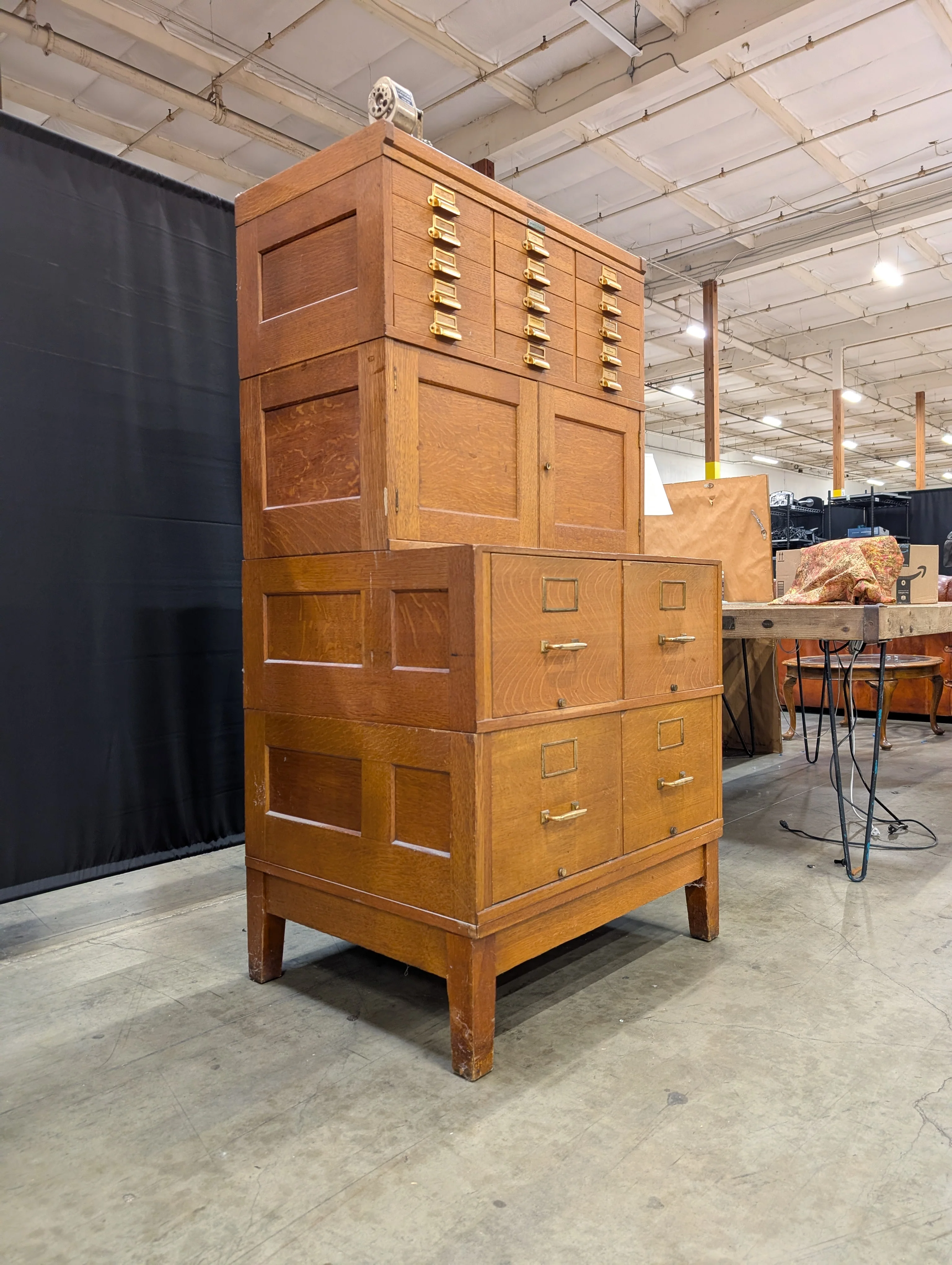 Vintage Yawman & Erbe Manufacturing Co. Oak Multi-Drawer Filing Cabinet with Brass Hardware - Image 4
