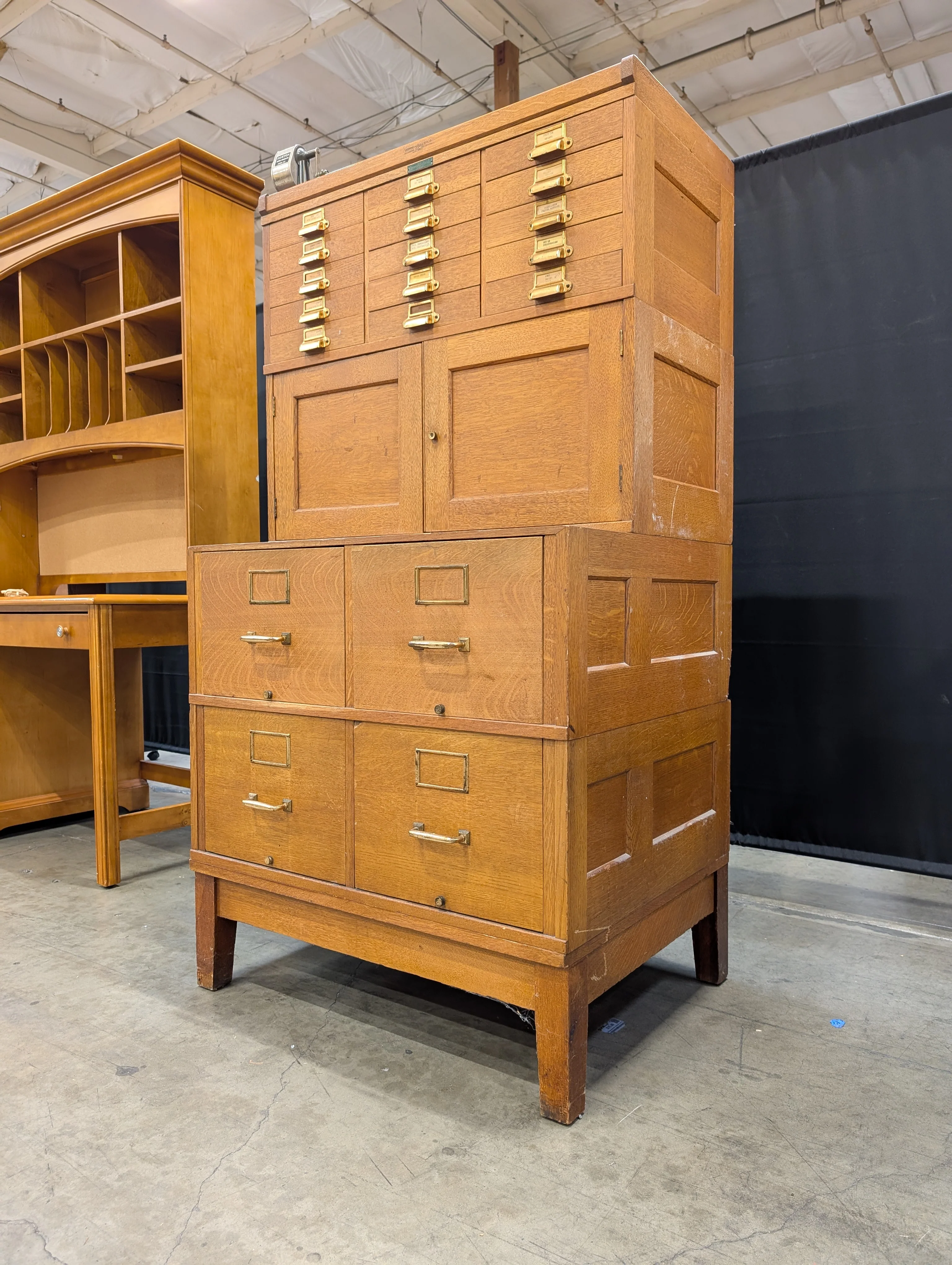 Vintage Yawman & Erbe Manufacturing Co. Oak Multi-Drawer Filing Cabinet with Brass Hardware - Image 7
