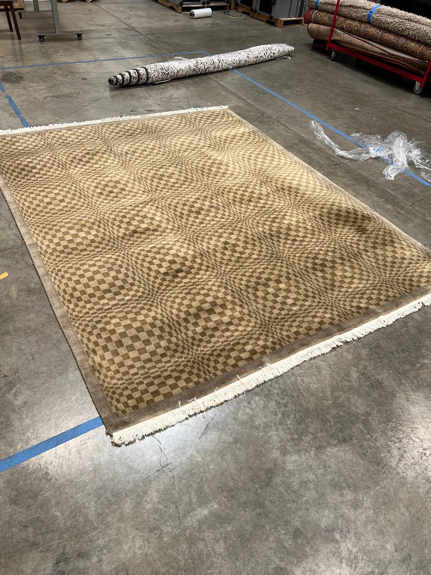 Modern Wavy Optical Illusion Checkerboard Rug with Fringe - 8' x 10' - Image 4