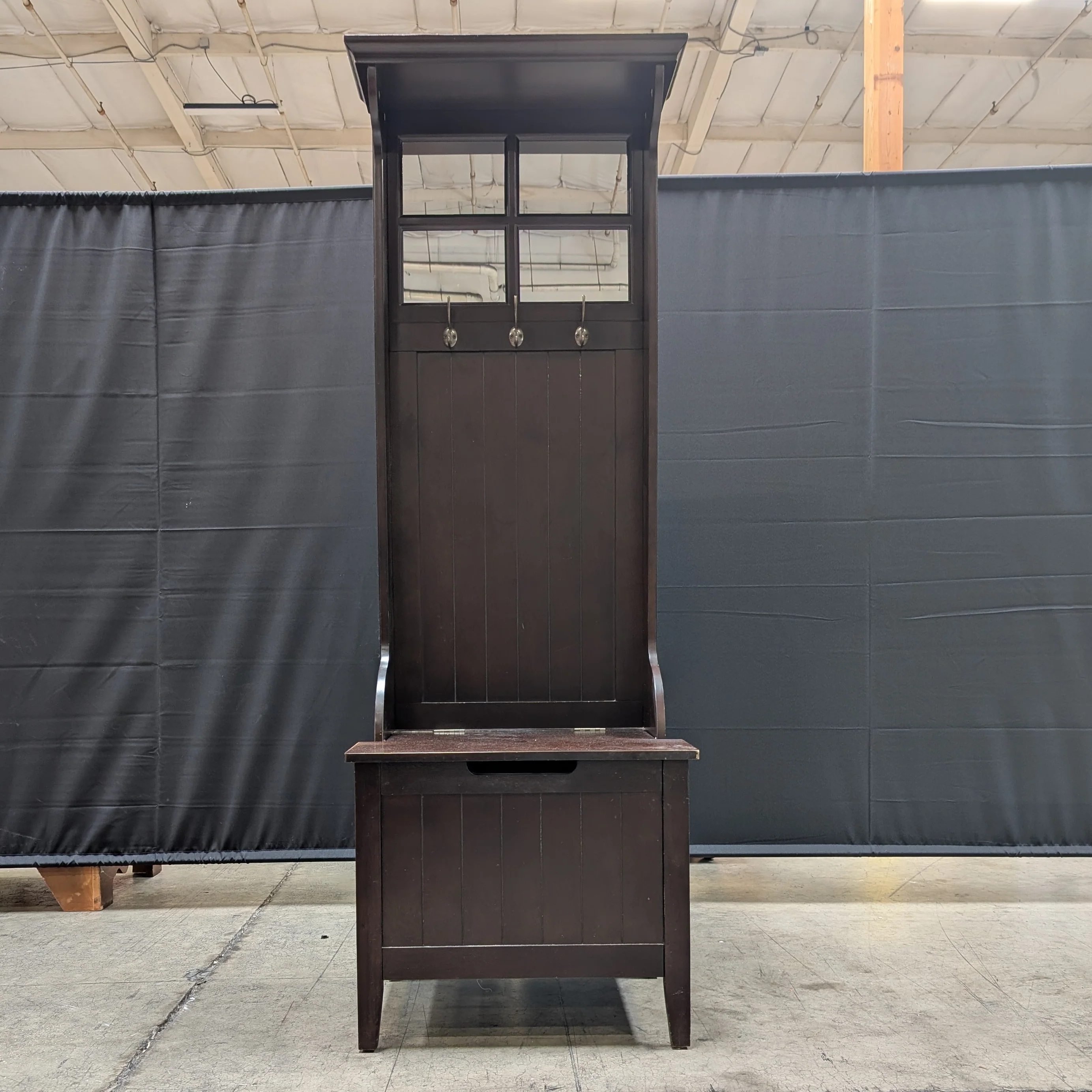 Dark Wood Hall Tree with Mirror and Storage Bench