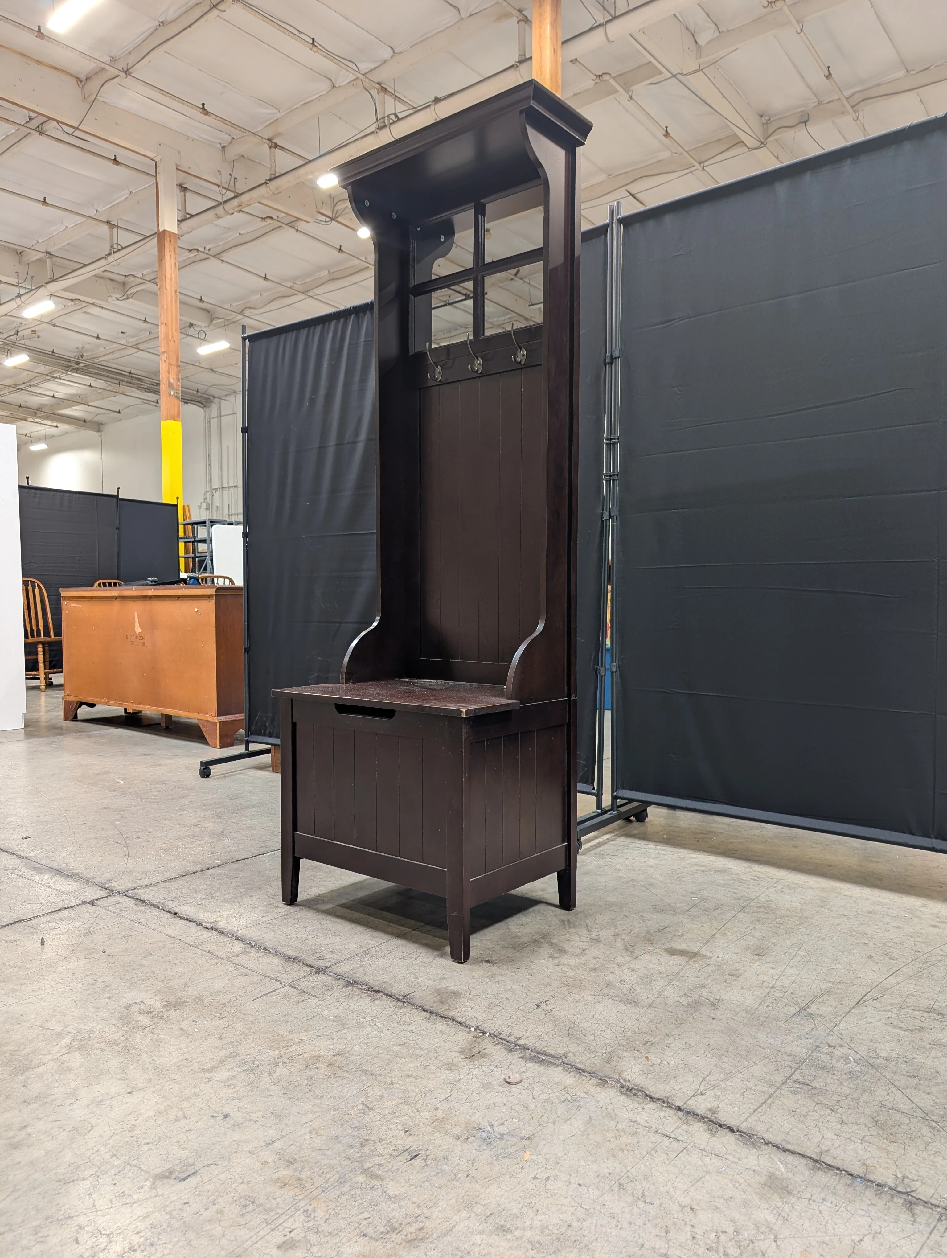 Dark Wood Hall Tree with Mirror and Storage Bench - Image 2