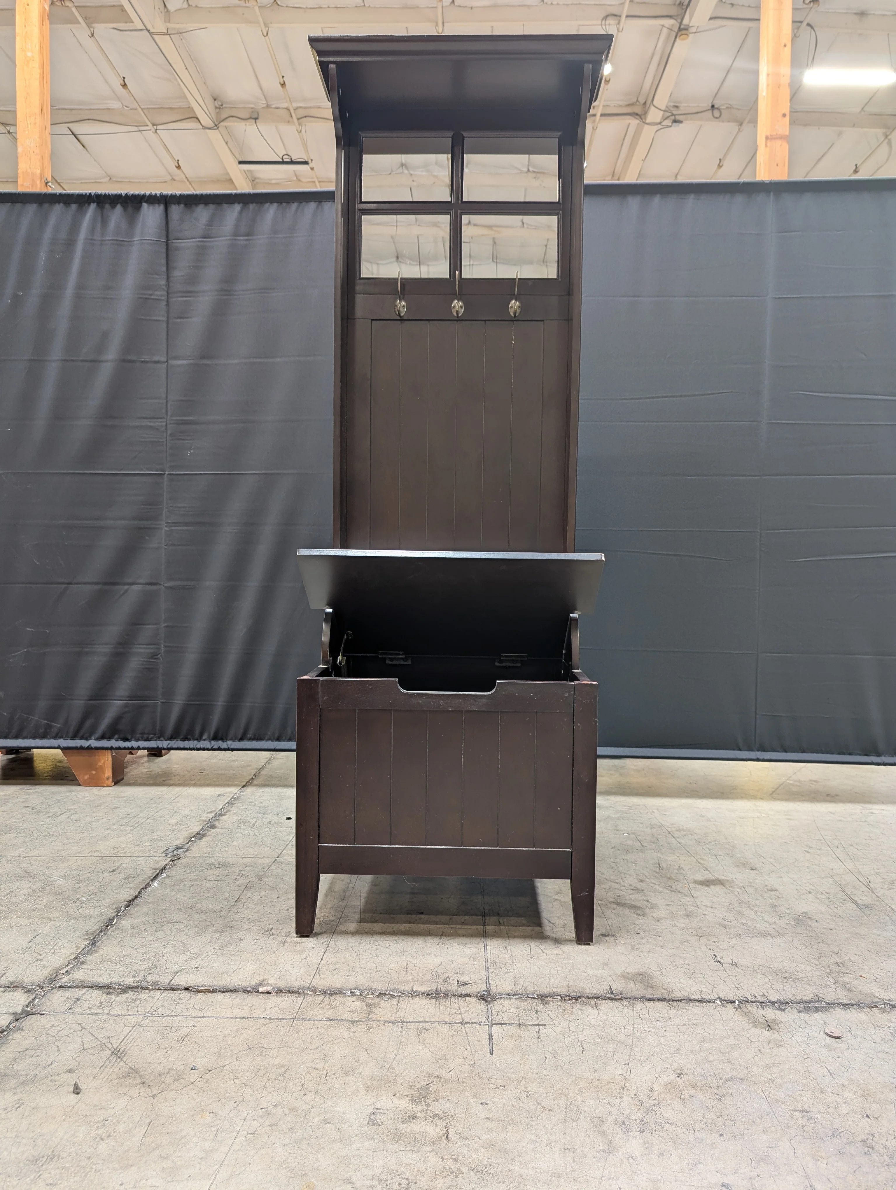 Dark Wood Hall Tree with Mirror and Storage Bench - Image 5