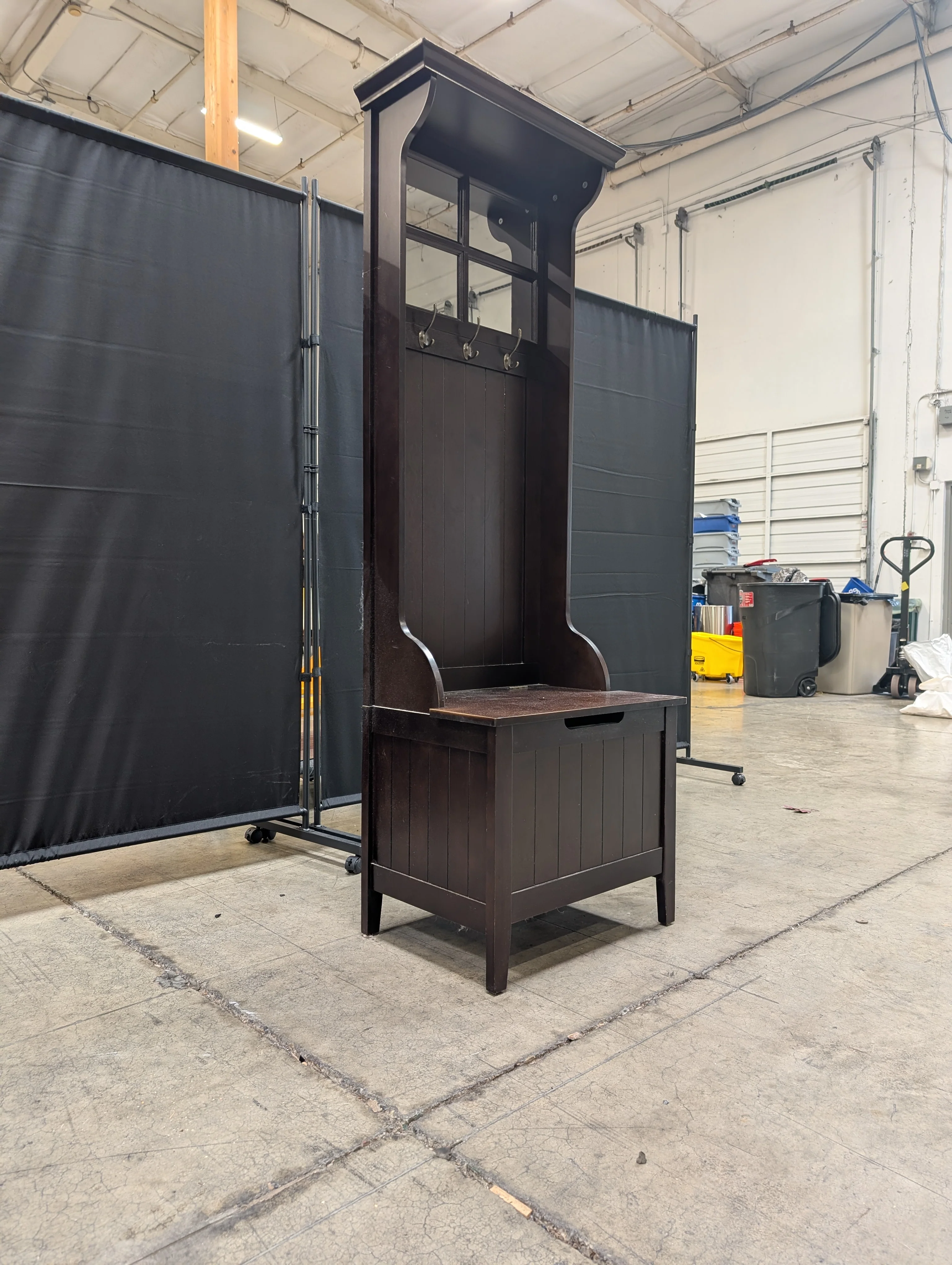 Dark Wood Hall Tree with Mirror and Storage Bench - Image 6