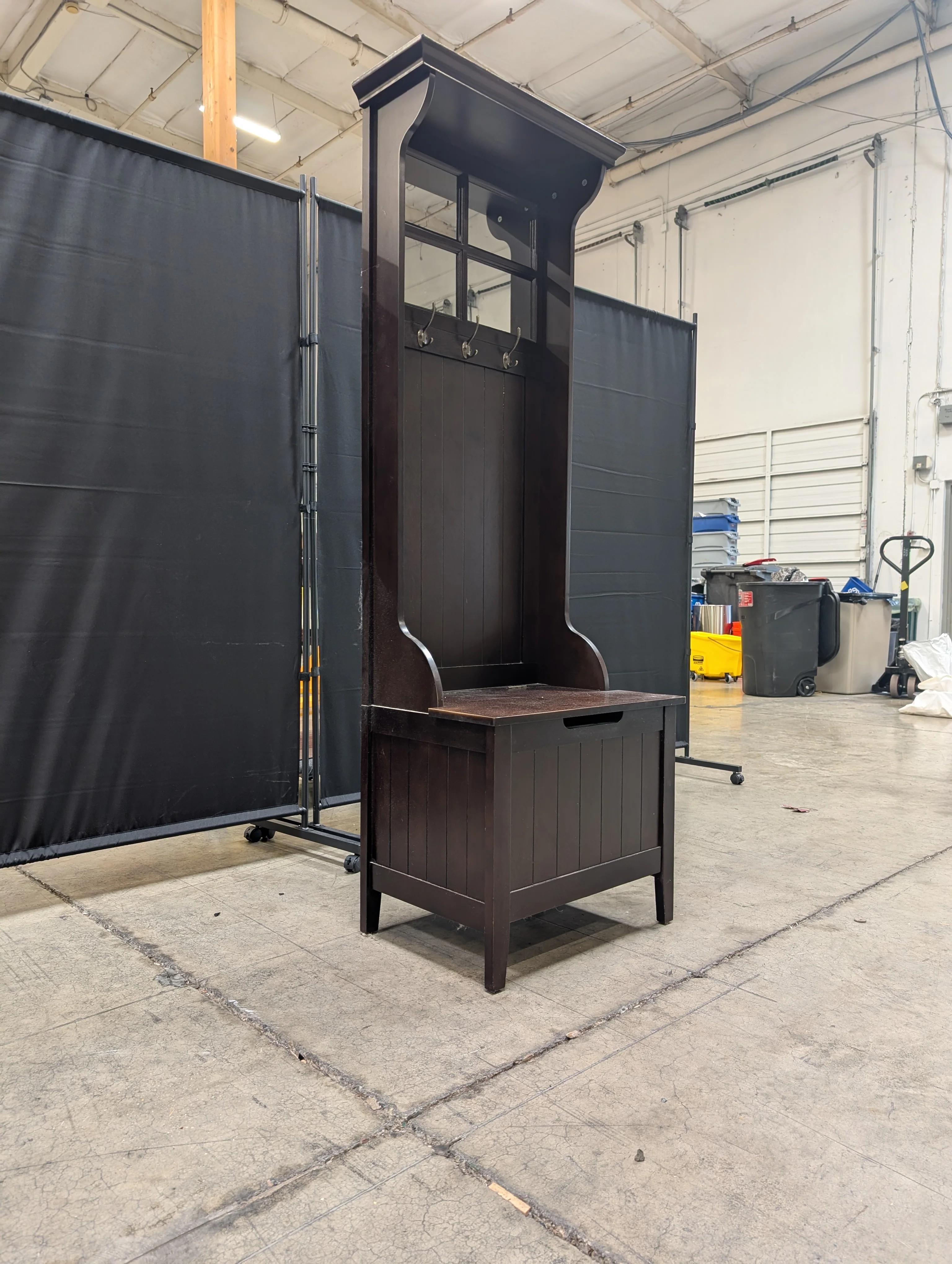 Dark Wood Hall Tree with Mirror and Storage Bench - Image 7