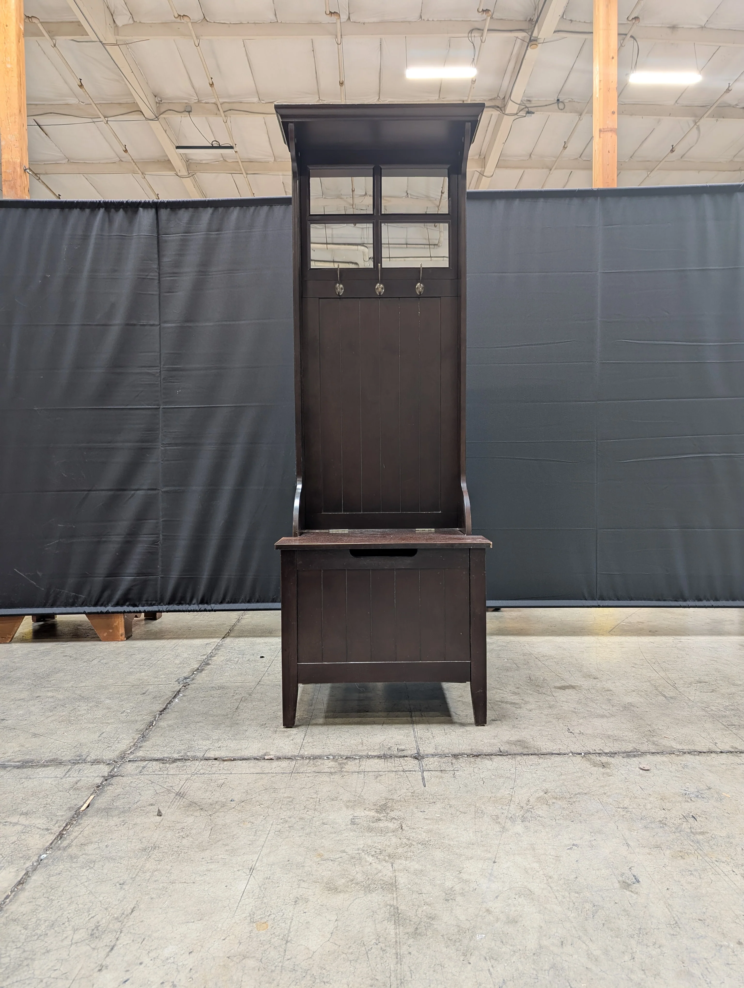 Dark Wood Hall Tree with Mirror and Storage Bench - Image 8