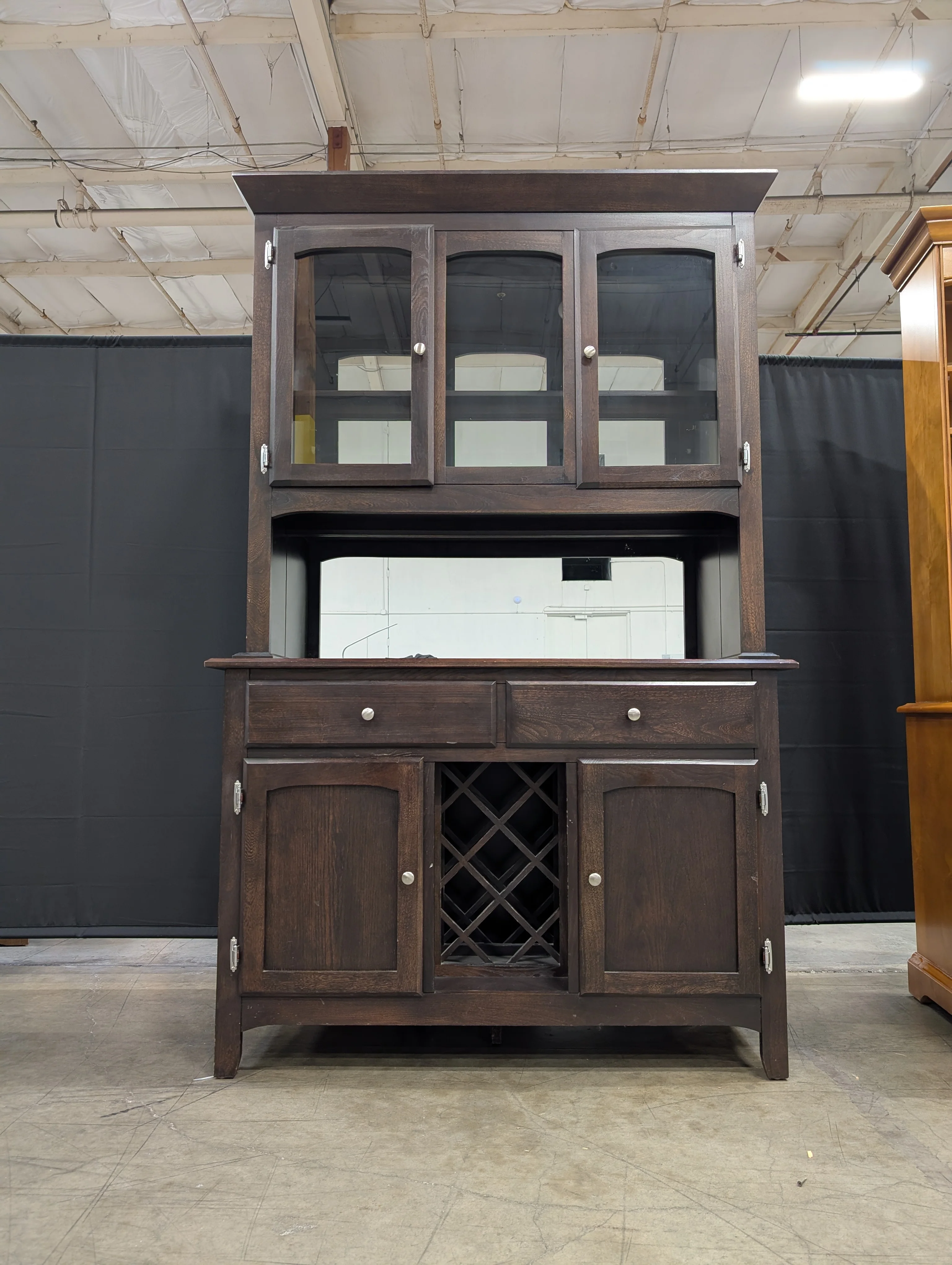 Two-Piece Dark Wood Display Hutch with Glass Doors