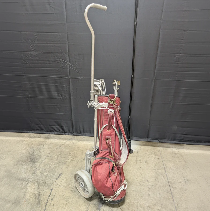 Set of Eleven Golf Clubs with Red Cart Bag and Push Cart