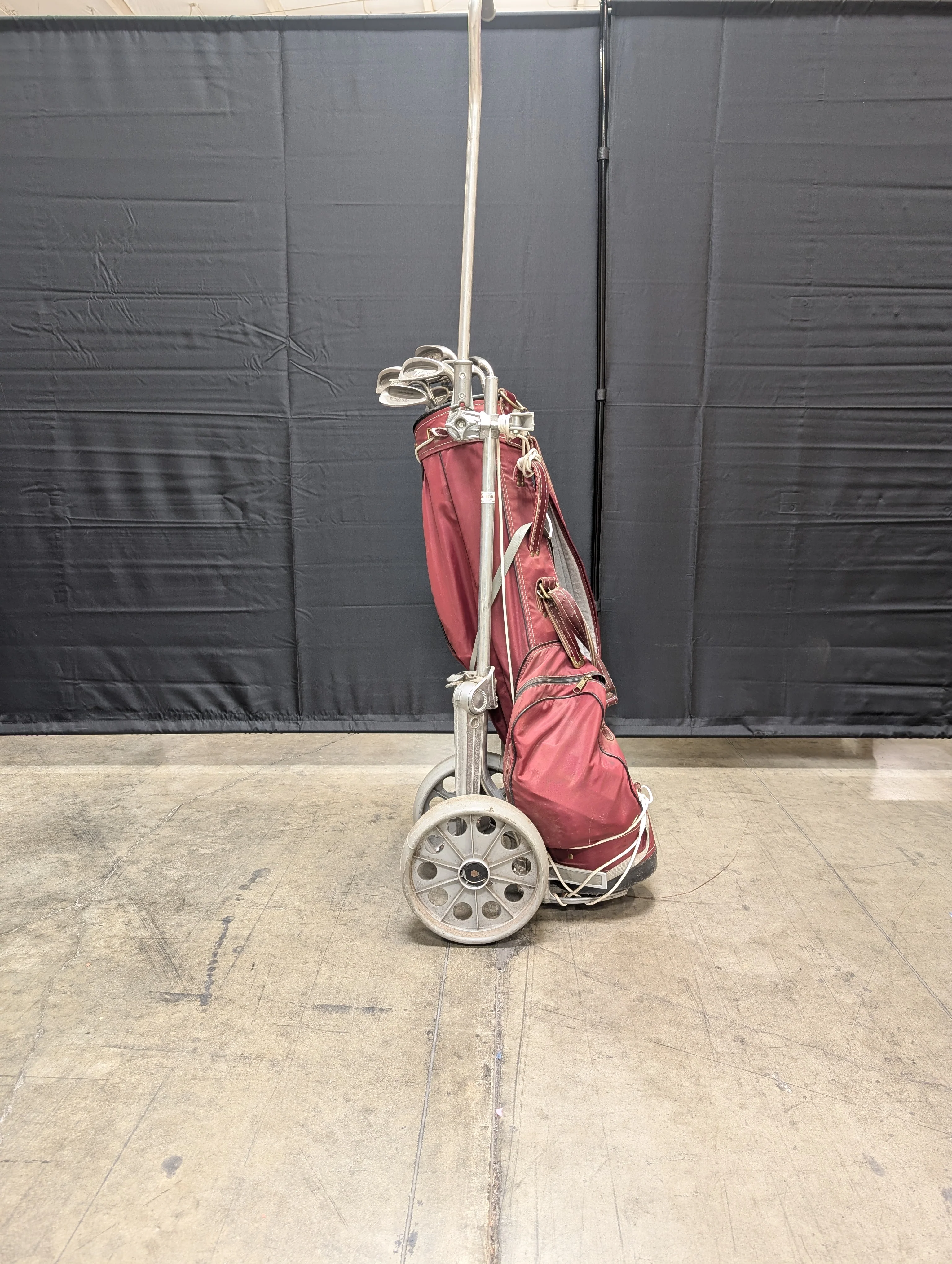 Set of Eleven Golf Clubs with Red Cart Bag and Push Cart - Image 9