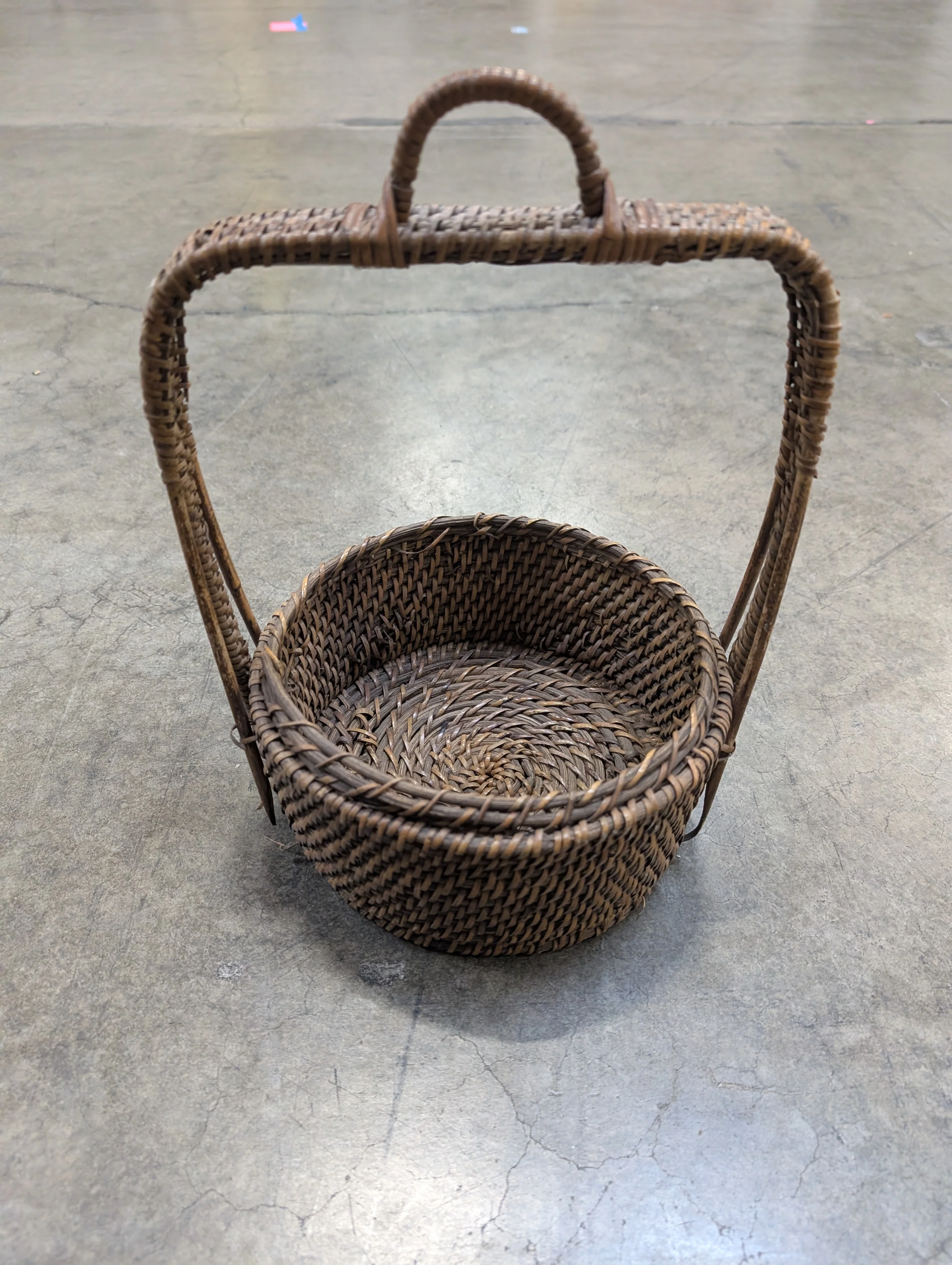 Rustic Woven Rattan Round Storage Basket with Arched Handle