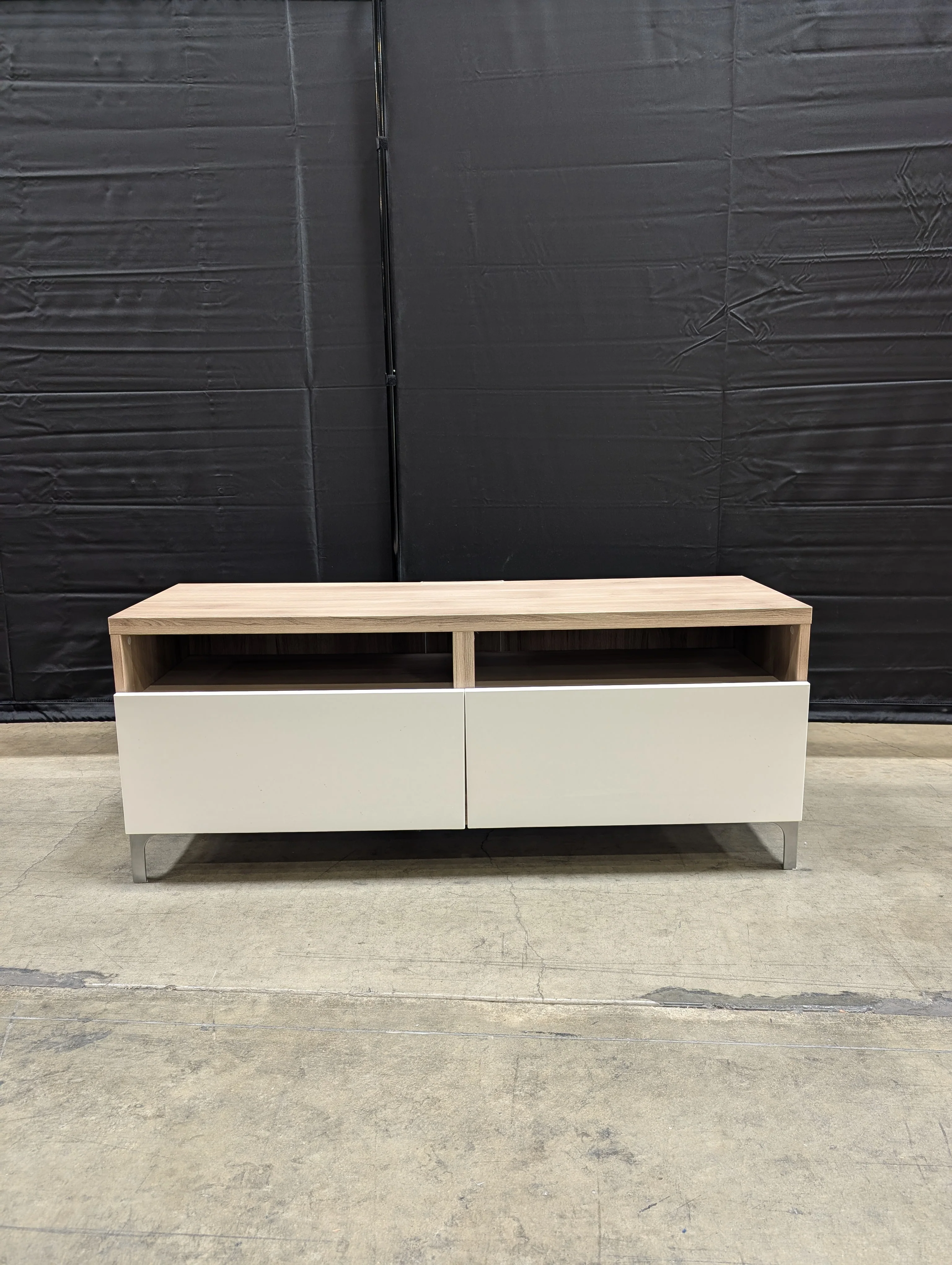 Modern Minimalist Media Console with Wood Grain Top and White Storage