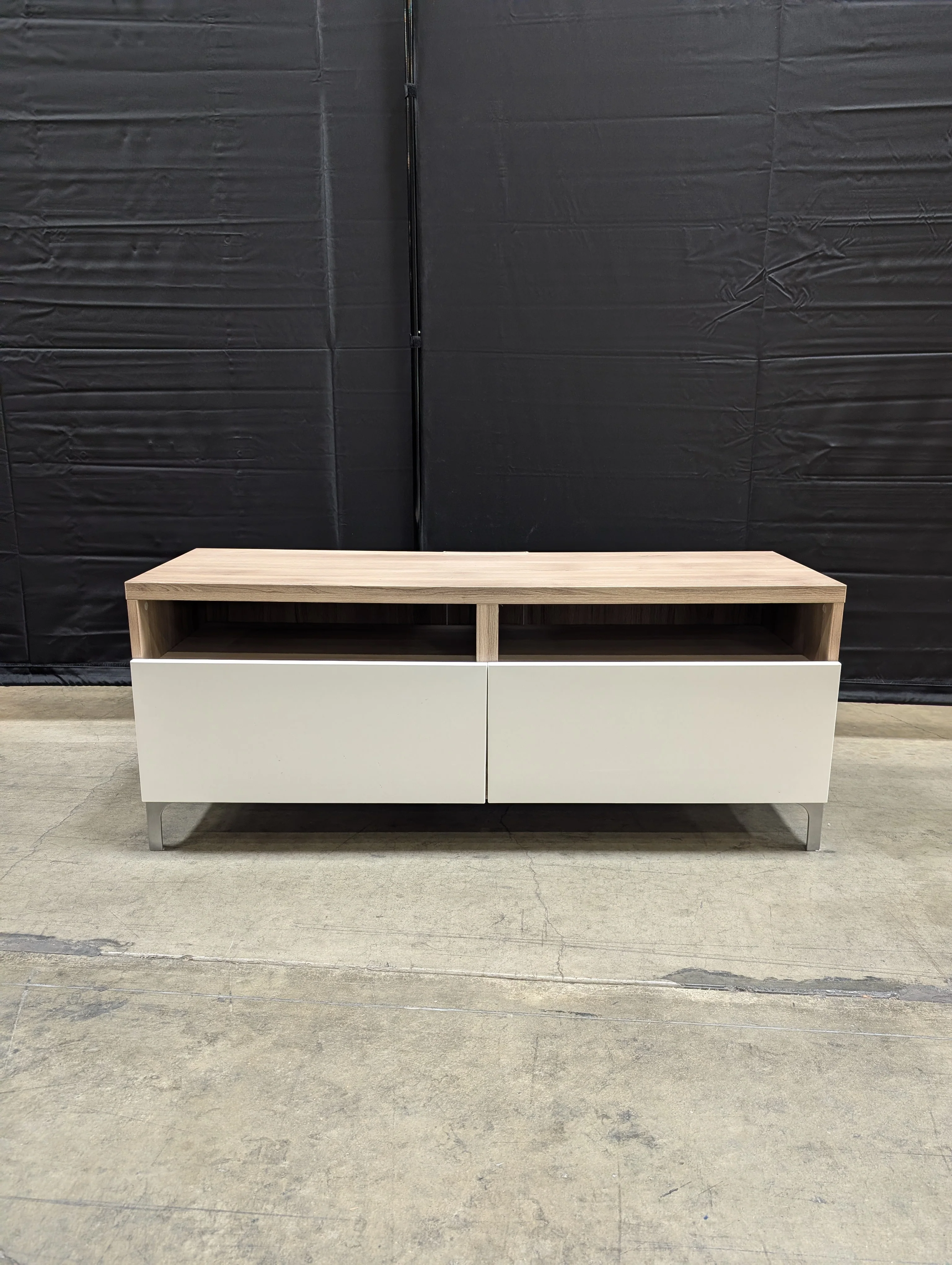 Modern Minimalist Media Console with Wood Grain Top and White Storage - Image 2
