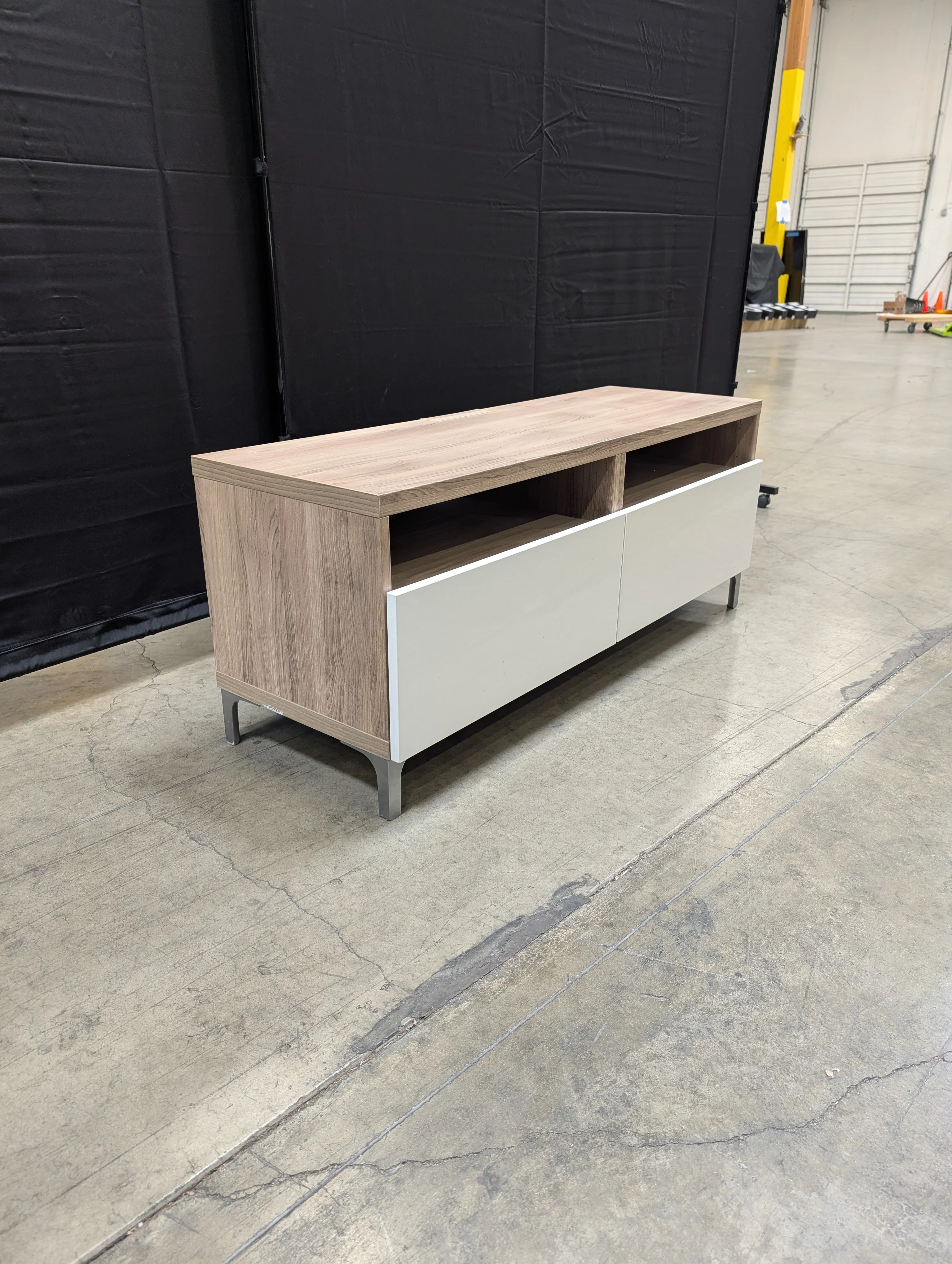 Modern Minimalist Media Console with Wood Grain Top and White Storage - Image 3