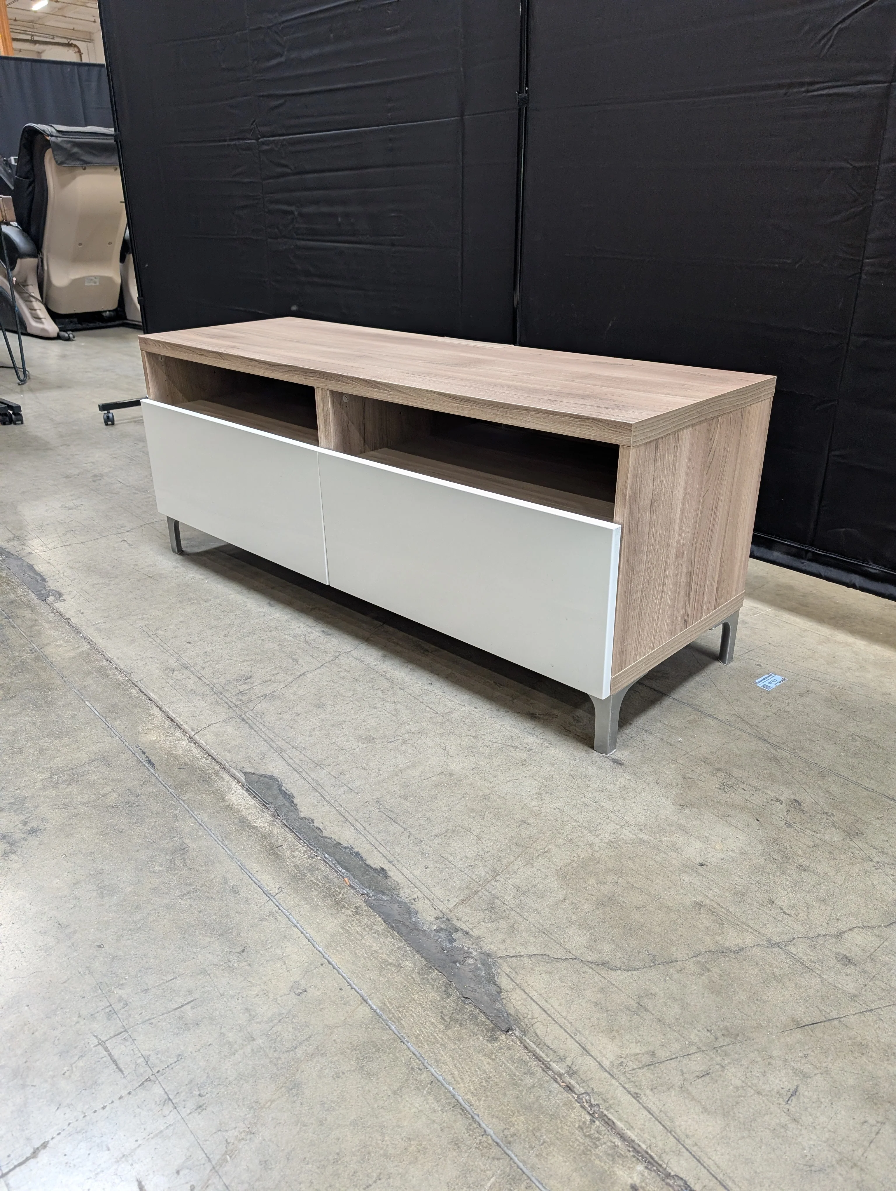Modern Minimalist Media Console with Wood Grain Top and White Storage - Image 4
