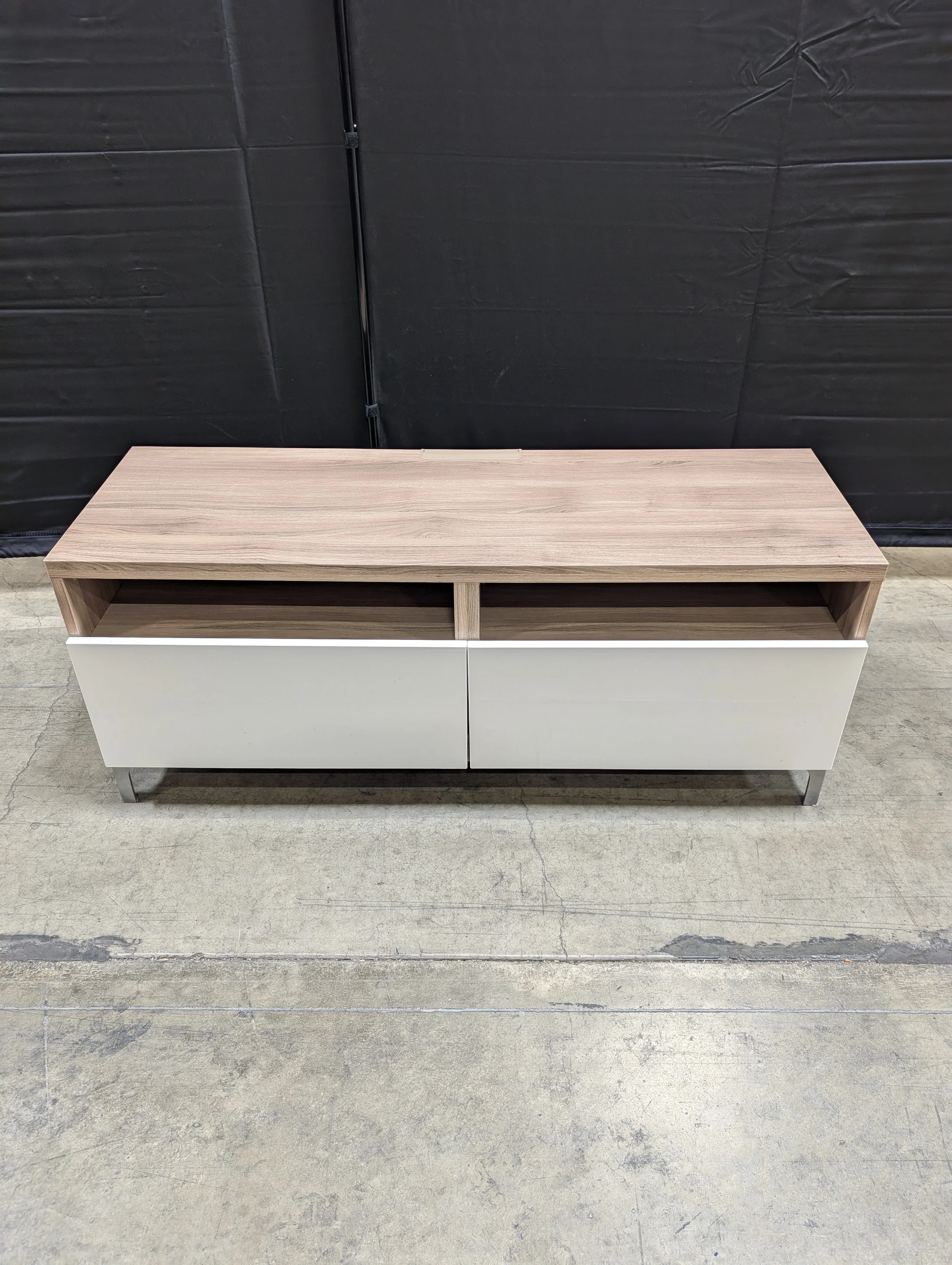 Modern Minimalist Media Console with Wood Grain Top and White Storage - Image 5