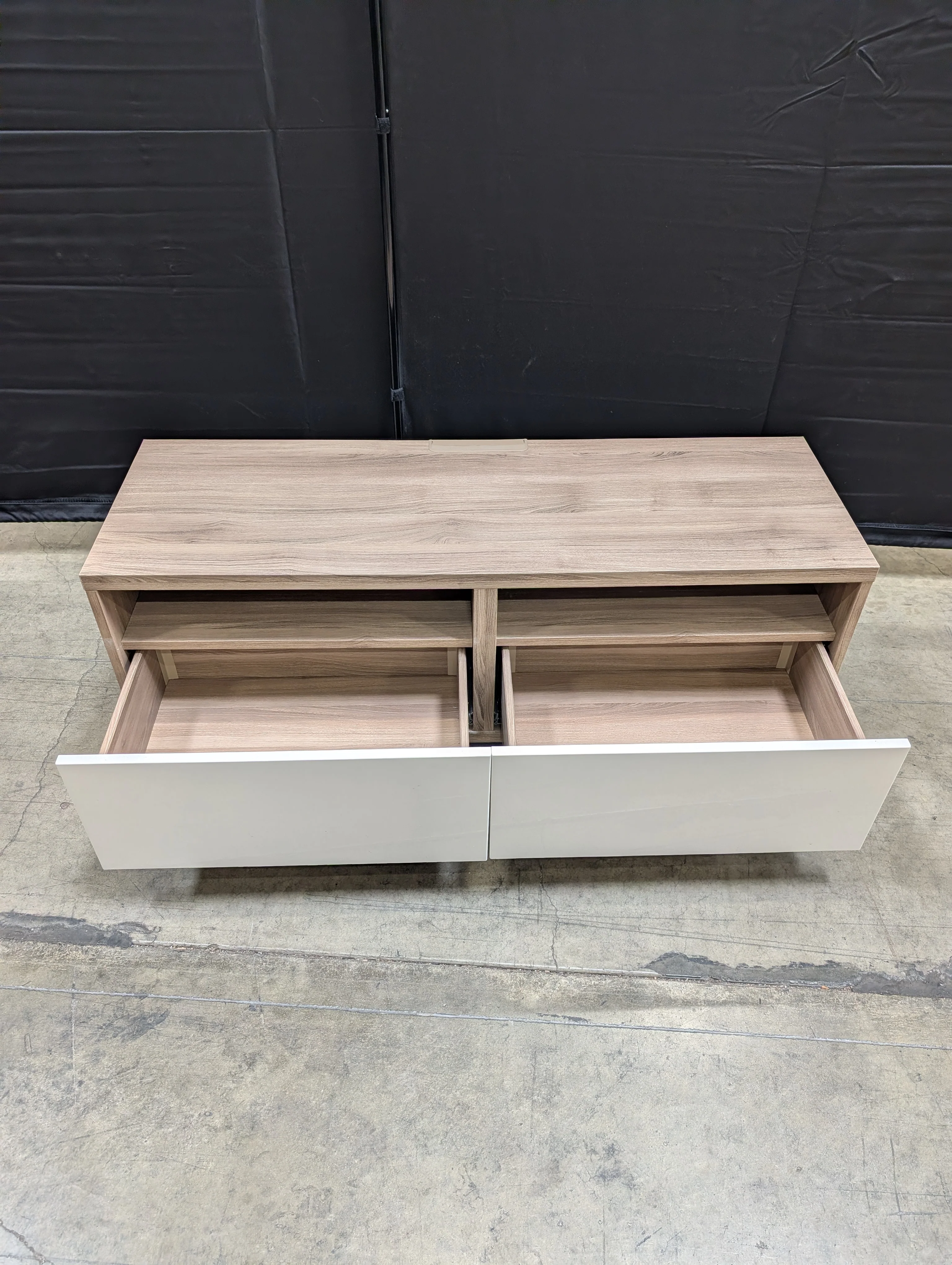Modern Minimalist Media Console with Wood Grain Top and White Storage - Image 6