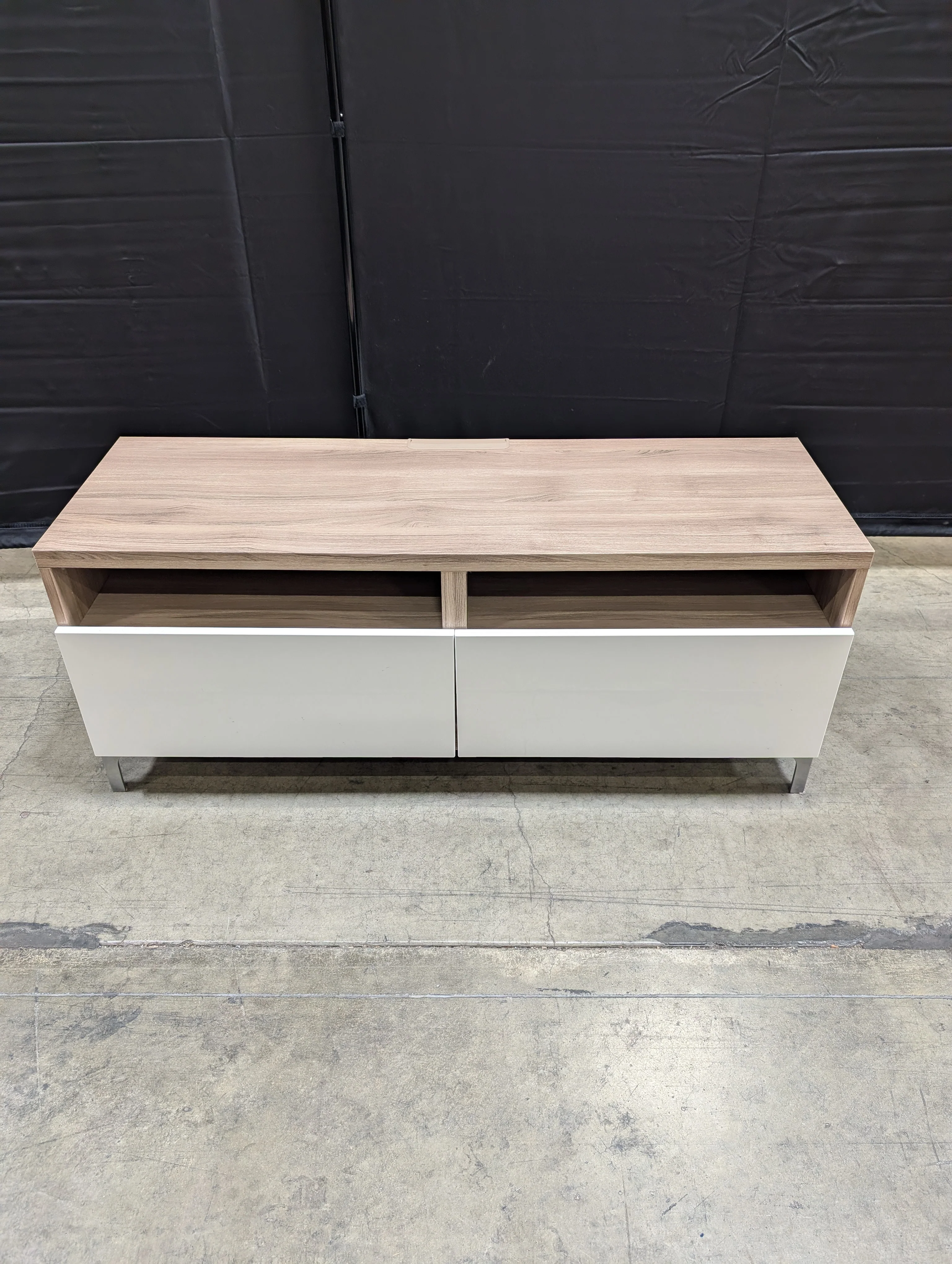 Modern Minimalist Media Console with Wood Grain Top and White Storage - Image 7