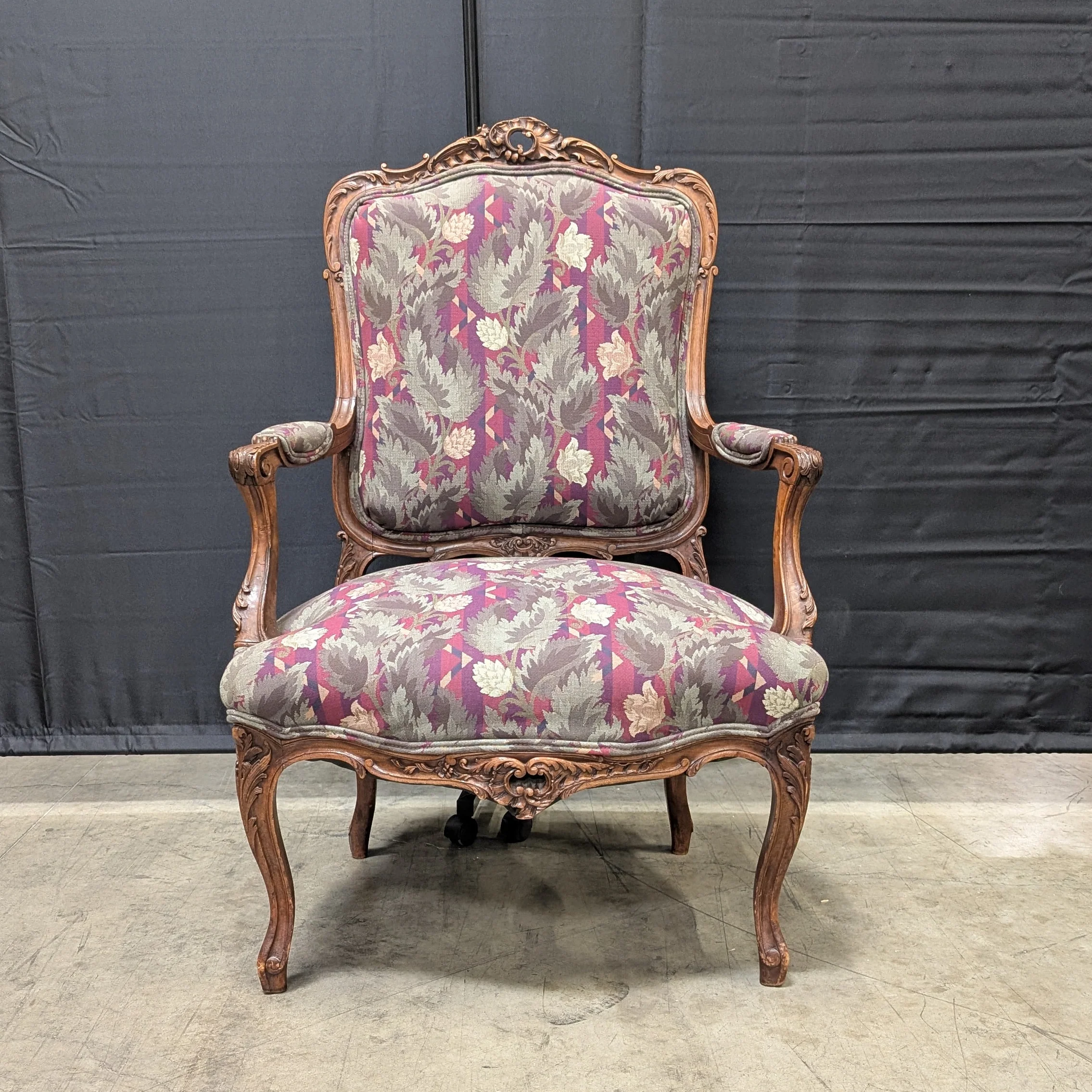 Vintage Carved Wood Armchair with Botanical Upholstery