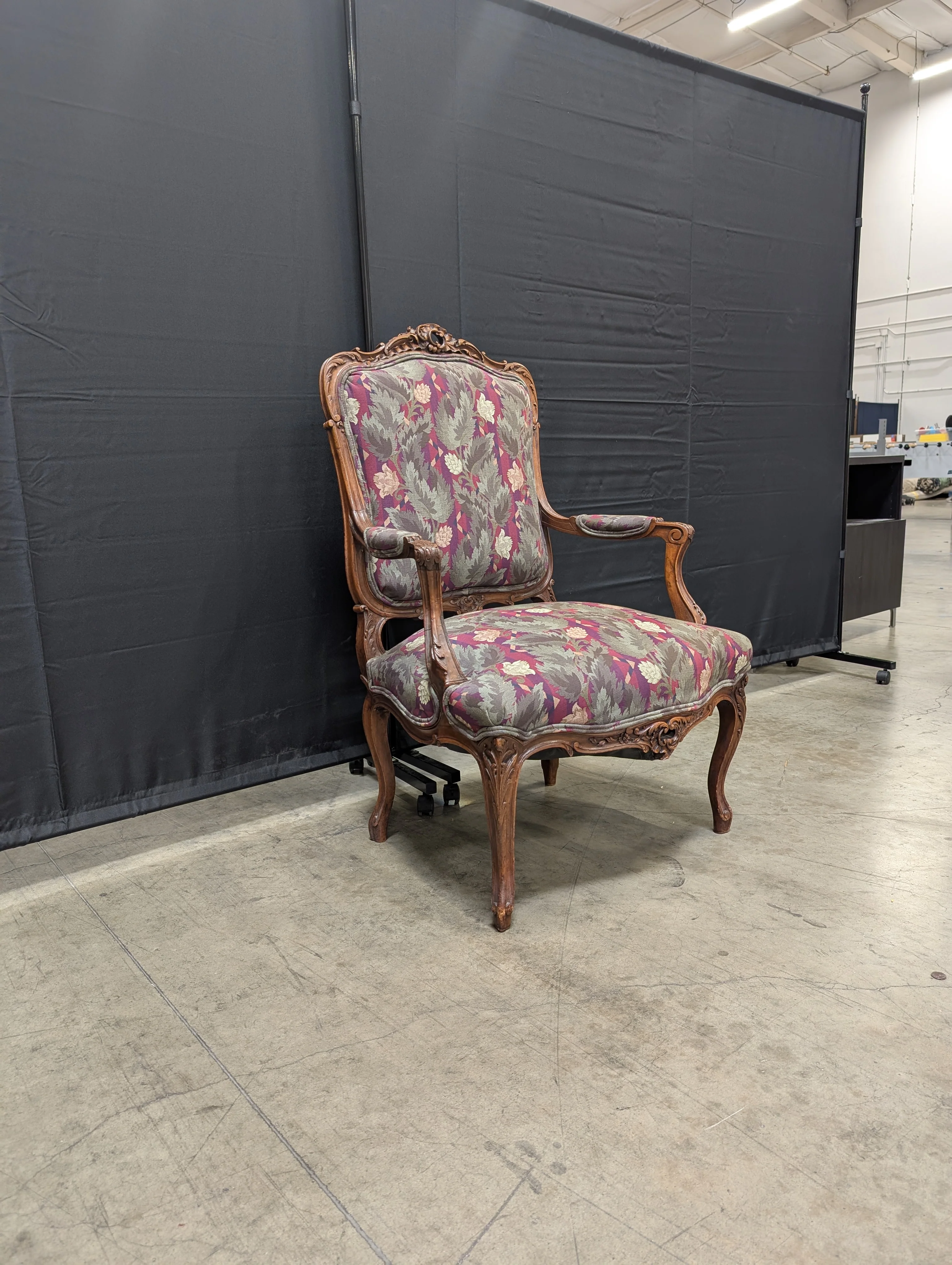 Vintage Carved Wood Armchair with Botanical Upholstery - Image 2