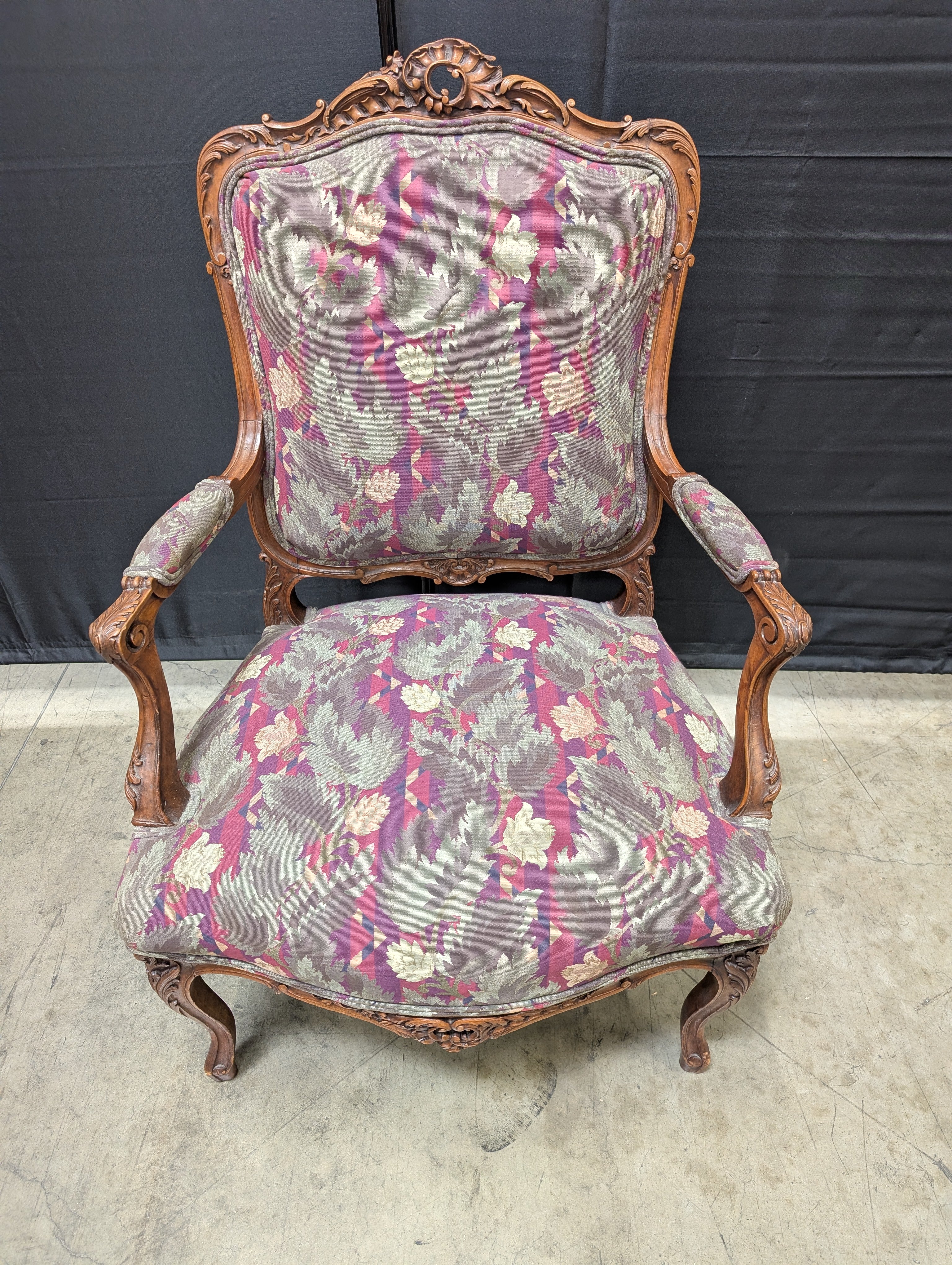 Vintage Carved Wood Armchair with Botanical Upholstery - Image 3