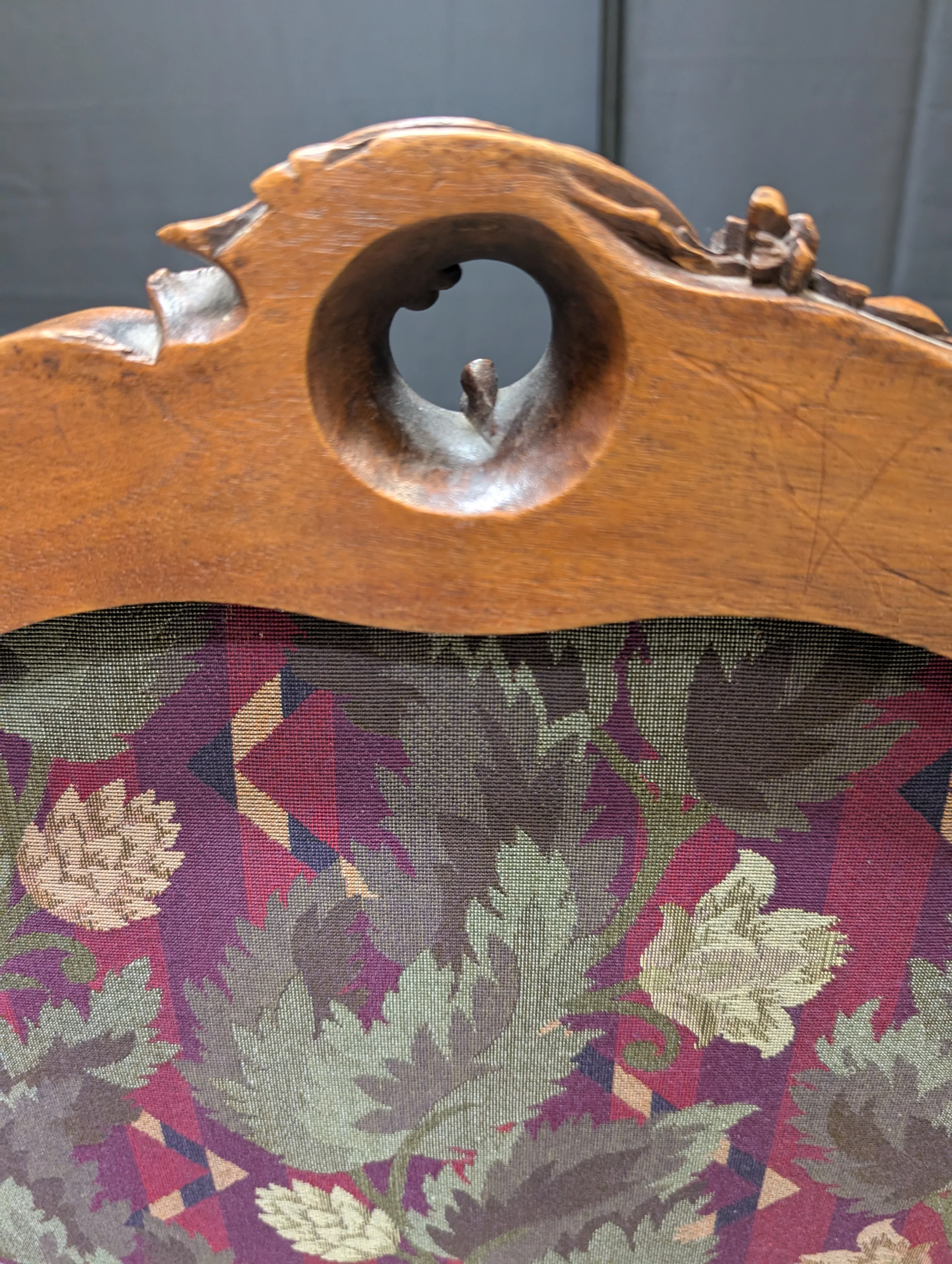 Vintage Carved Wood Armchair with Botanical Upholstery - Image 5