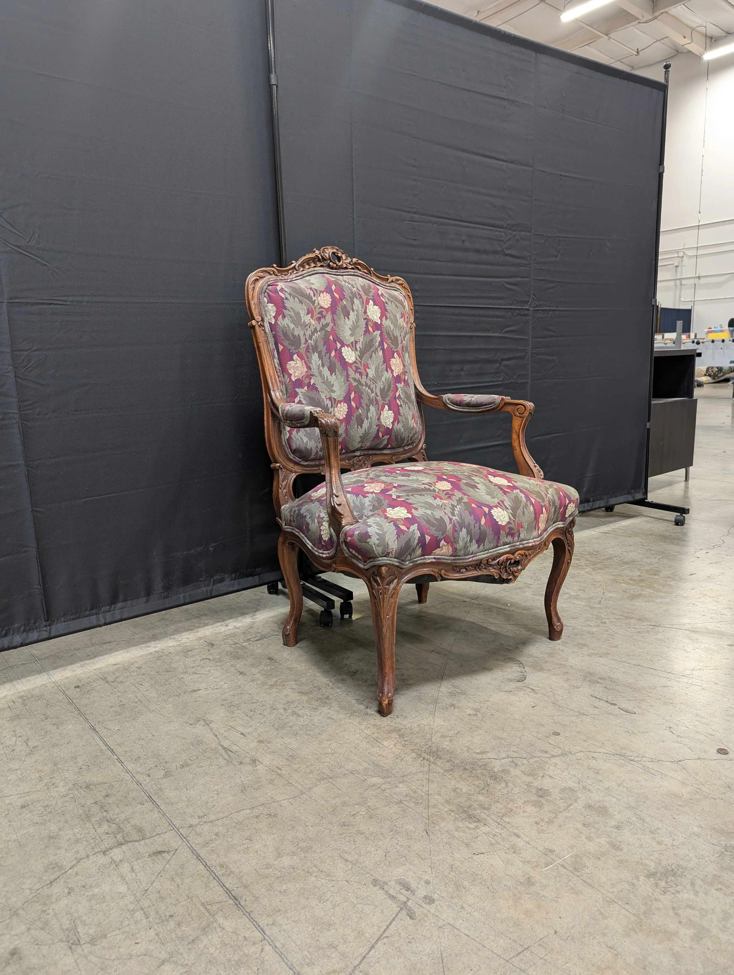 Vintage Carved Wood Armchair with Botanical Upholstery - Image 7