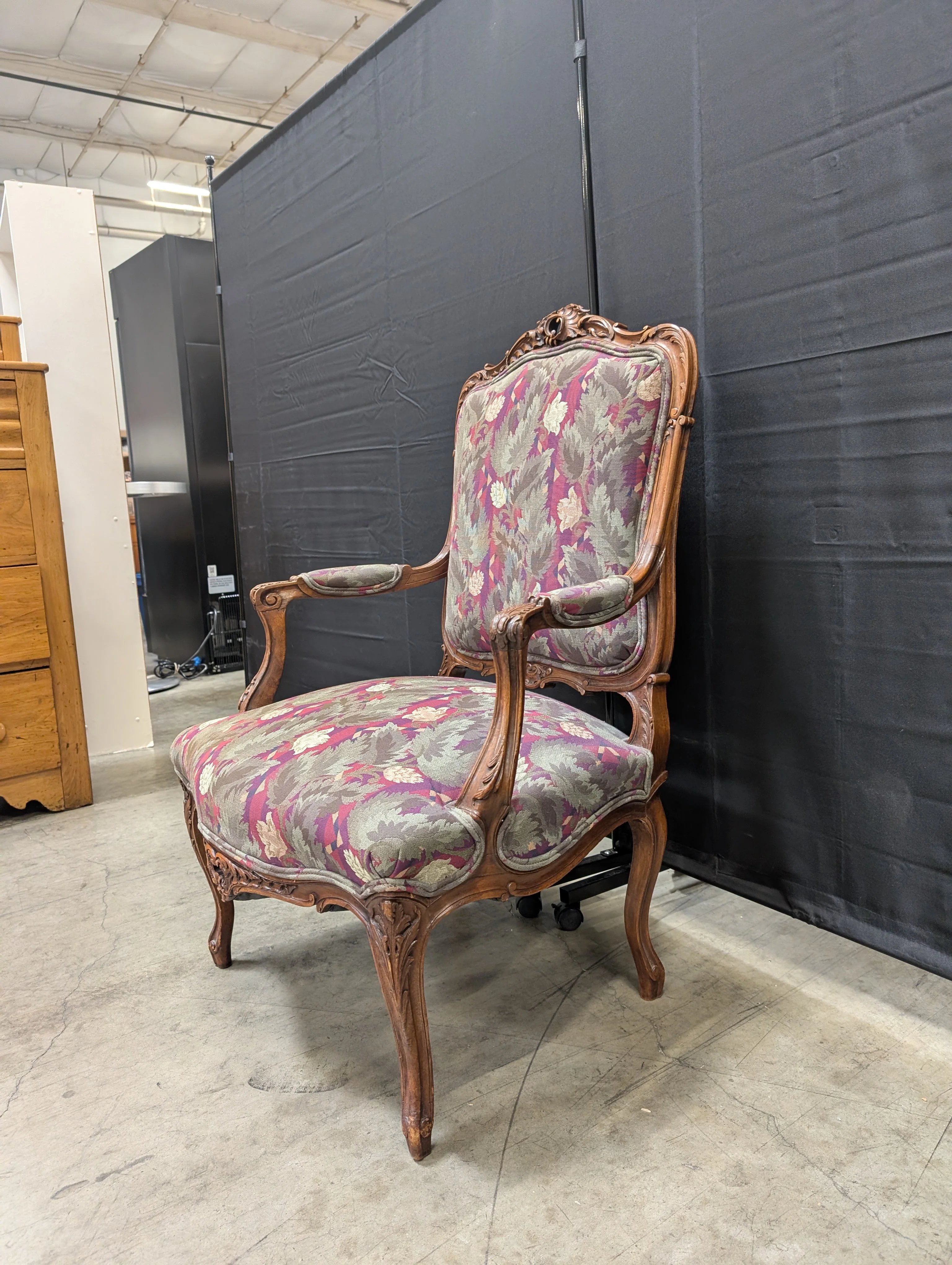 Vintage Carved Wood Armchair with Botanical Upholstery - Image 8