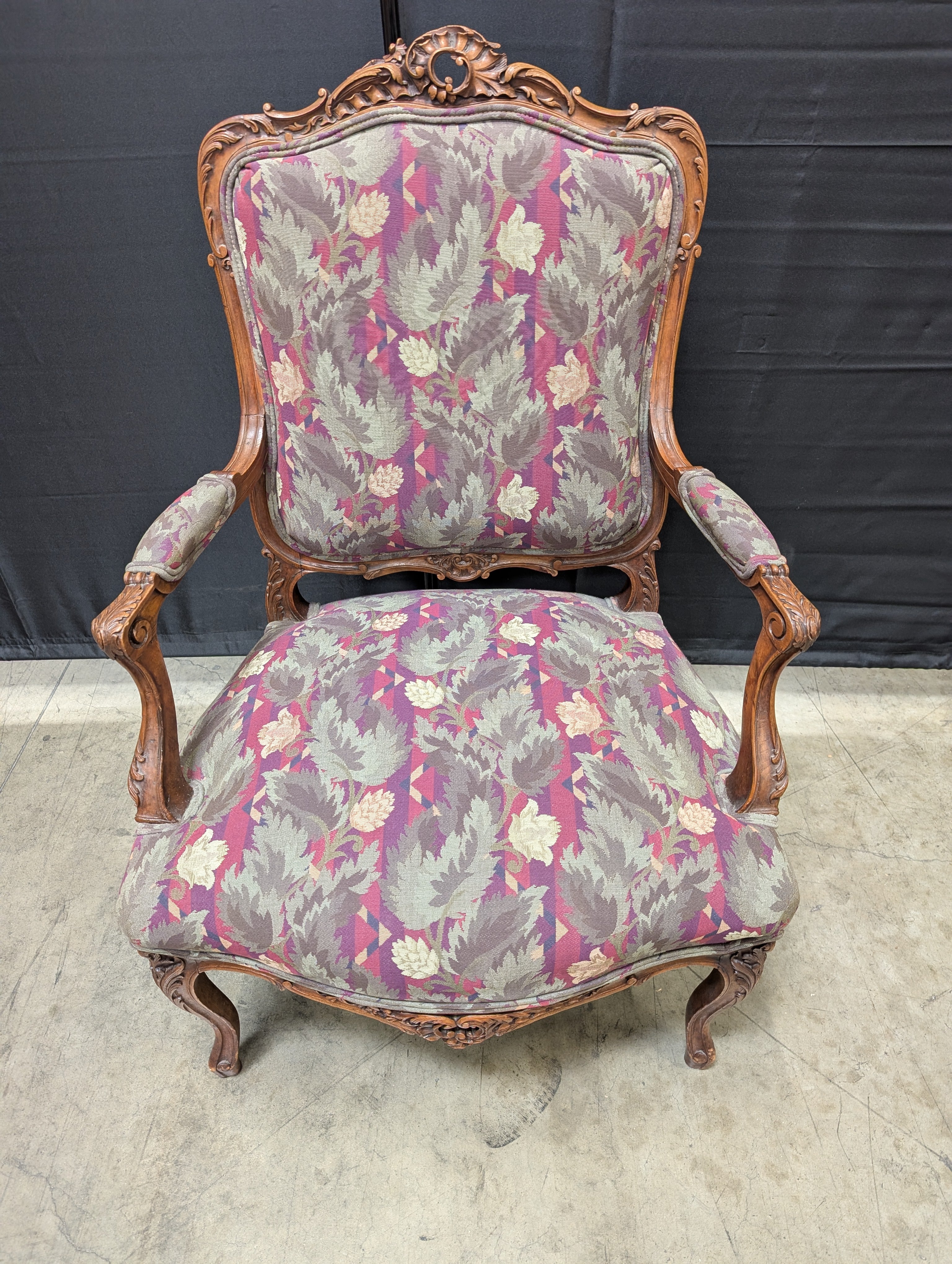 Vintage Carved Wood Armchair with Botanical Upholstery - Image 9