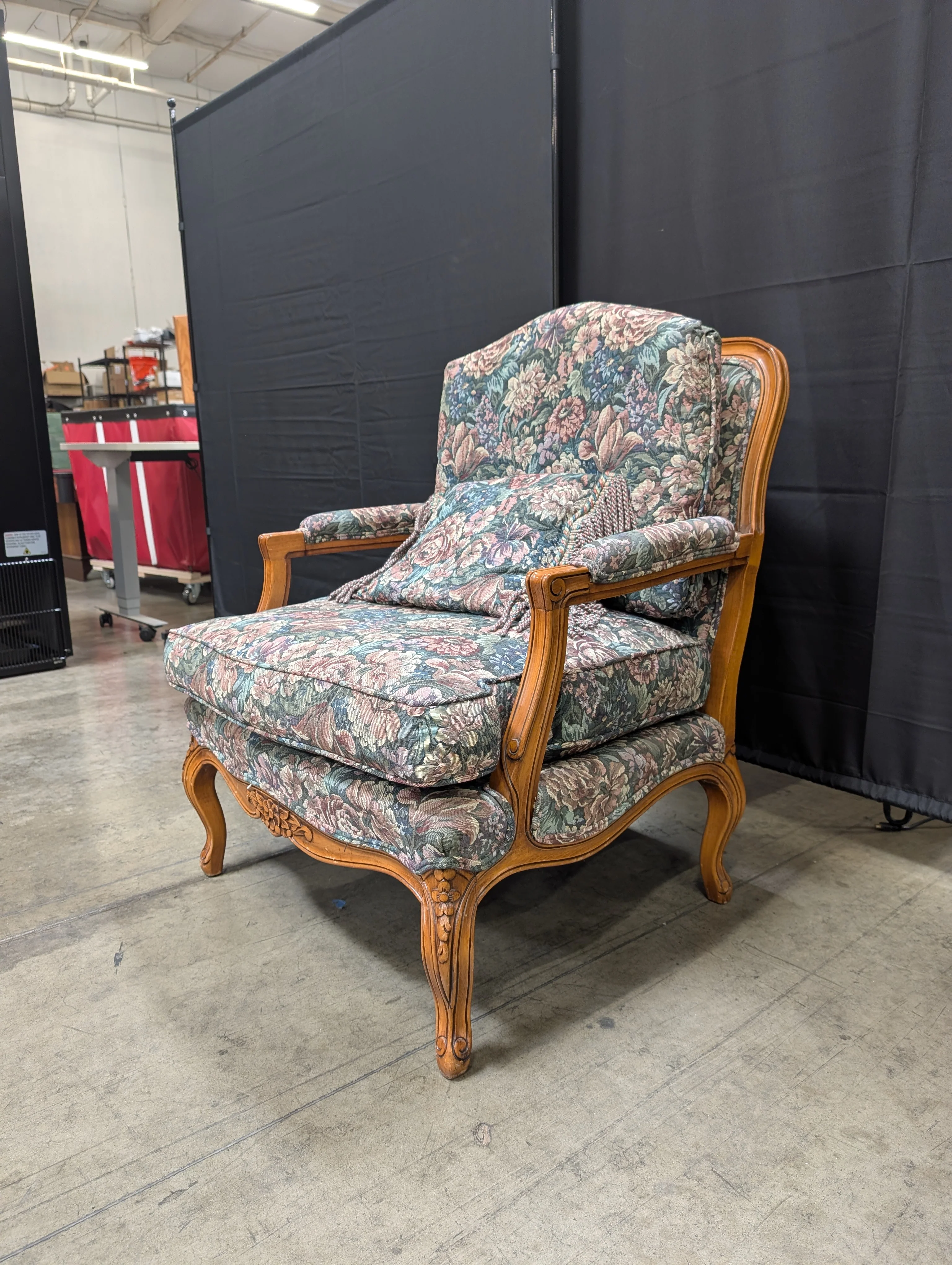Vintage Floral Upholstered Carved Wood Armchair - Image 2