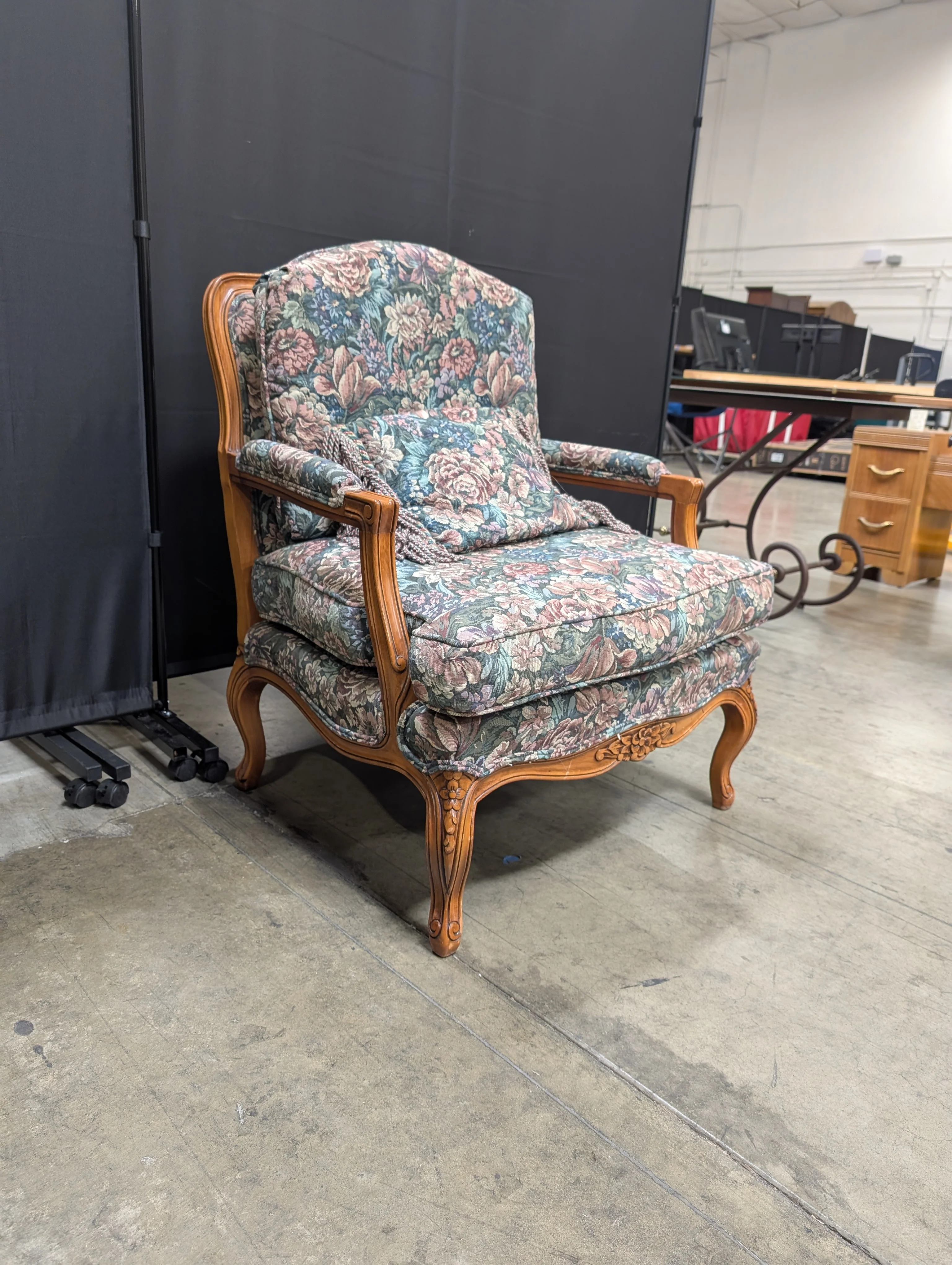 Vintage Floral Upholstered Carved Wood Armchair - Image 3