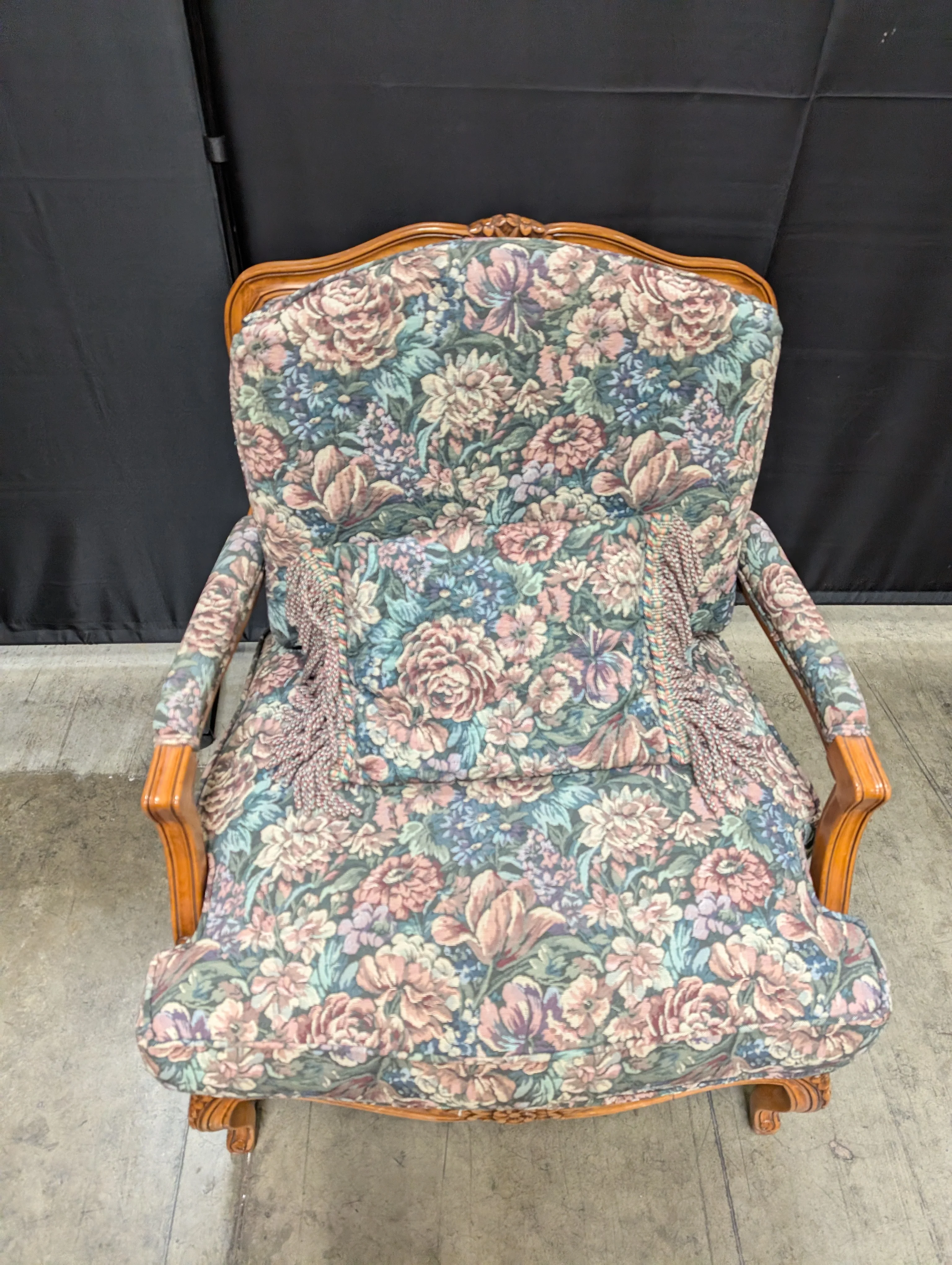 Vintage Floral Upholstered Carved Wood Armchair - Image 4