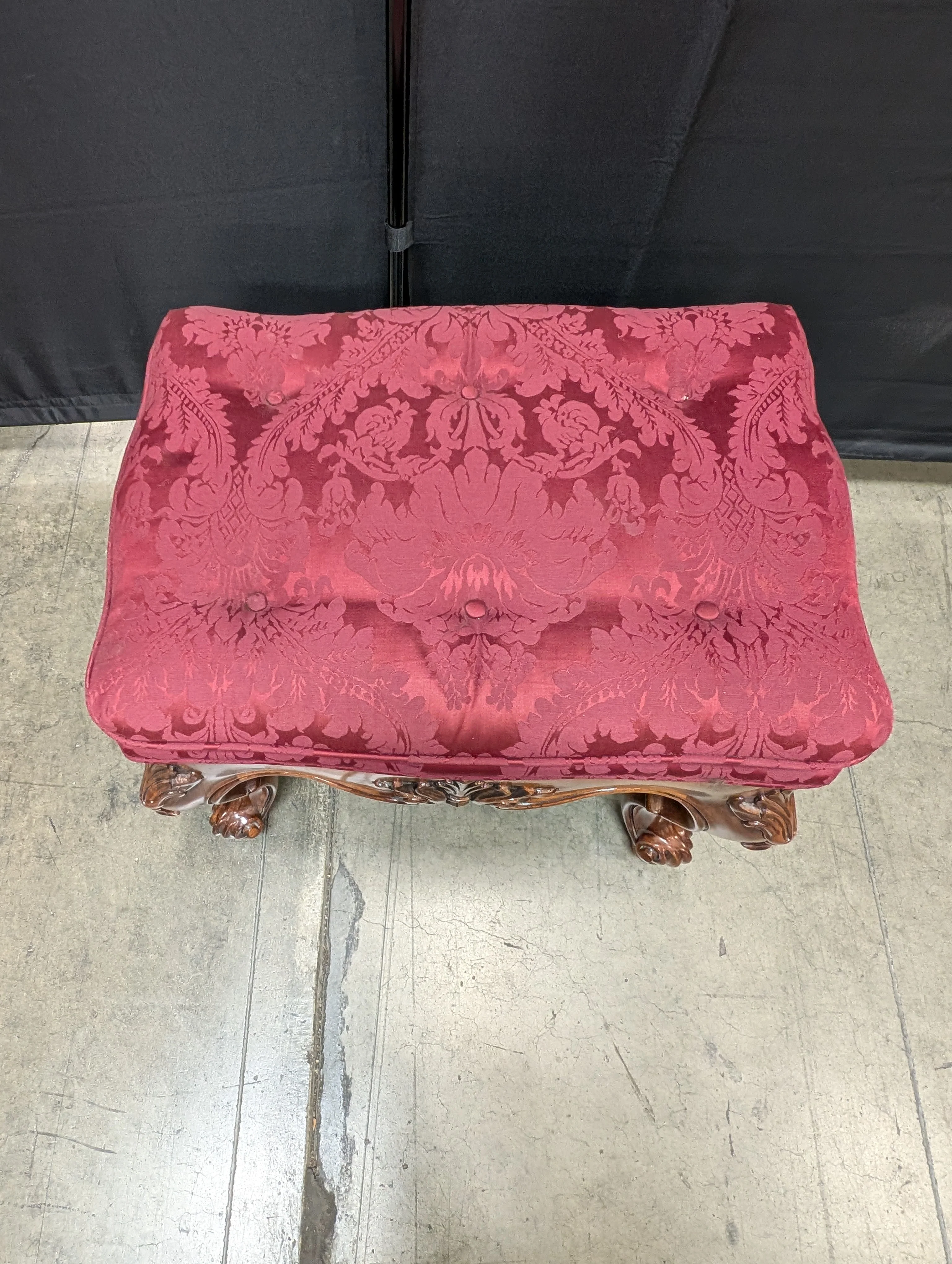 Ornate Carved Wood Tufted Ottoman