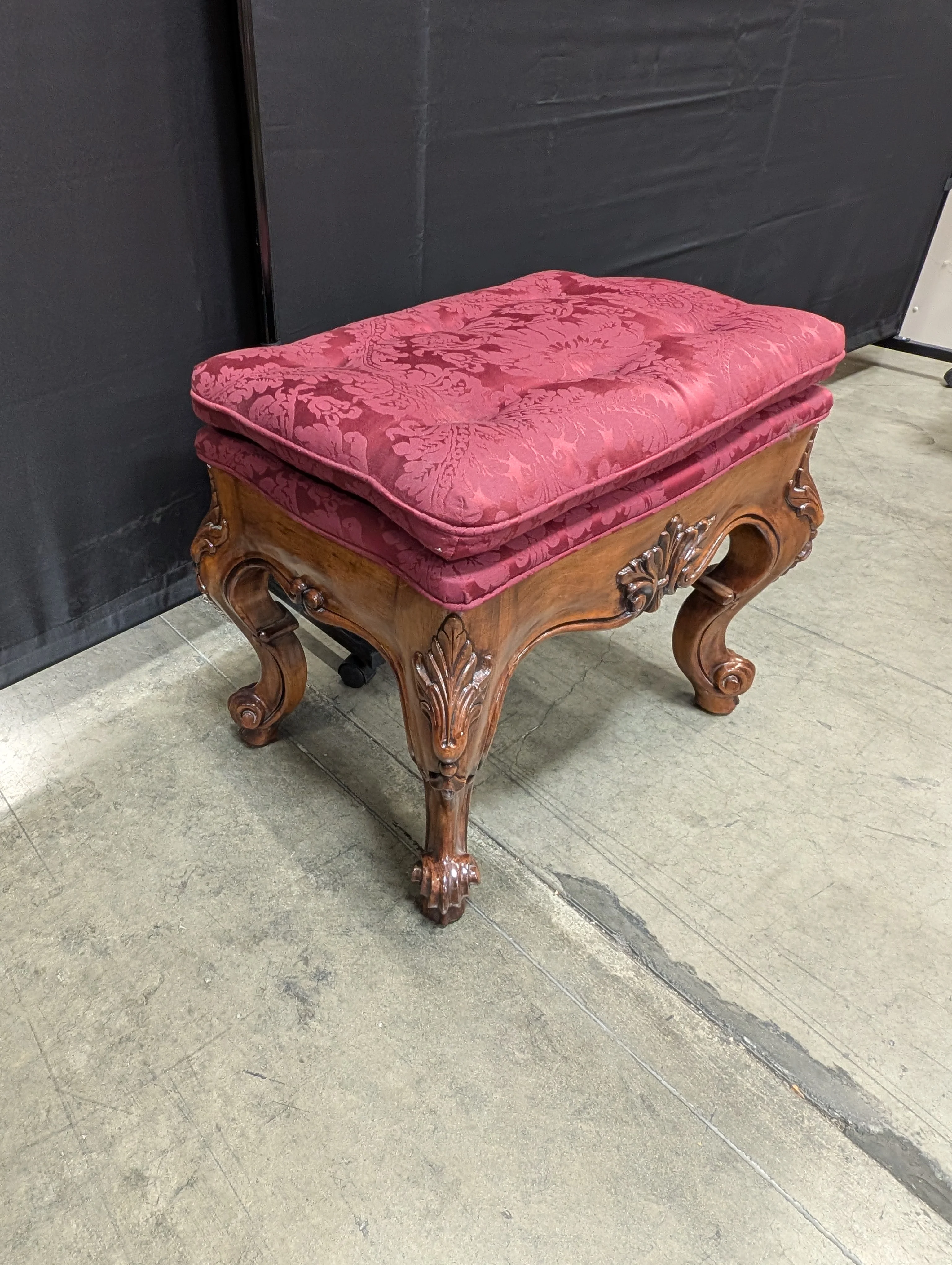 Ornate Carved Wood Tufted Ottoman - Image 2